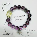 This is a crystal bracelet that consists of amethyst, citrine and chrome hearts spacers.
