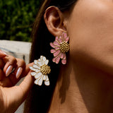 Luxury Rose Enamel Stud Earrings | Stainless Steel Geometric Flower Earrings for Women