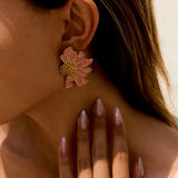 Luxury Rose Enamel Stud Earrings | Stainless Steel Geometric Flower Earrings for Women