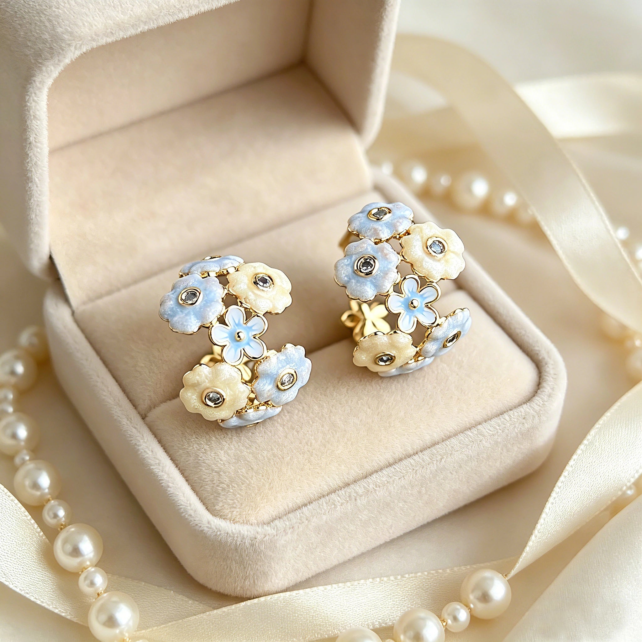 These 18k gold-plated stud/clip earrings feature delicate blossoms crafted with enamel glaze and inlaid with sparkling zircon stones. The combination of soft blue, creamy yellow and lustrous gold creates a romantic and feminine look that captures the essence of blooming florals.