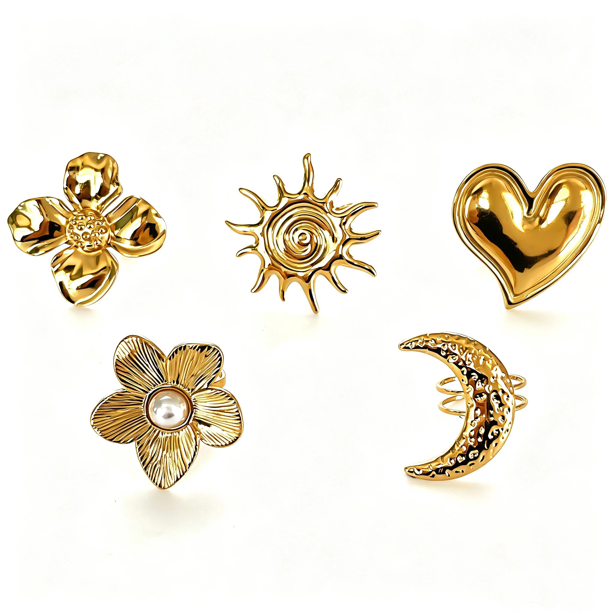 This 18K gold‑plated stainless steel ring set features bold sculpted designs of flowers, a puffy heart, swirling sun, and hammered crescent moon. Some flower rings are accented with a lustrous faux pearl for extra vintage charm. These open adjustable statement rings deliver a chunky retro aesthetic for everyday and special‑occasion styling.