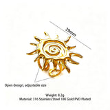 This 18K gold‑plated stainless steel ring set features bold sculpted designs of flowers, a puffy heart, swirling sun, and hammered crescent moon. Some flower rings are accented with a lustrous faux pearl for extra vintage charm. These open adjustable statement rings deliver a chunky retro aesthetic for everyday and special‑occasion styling.