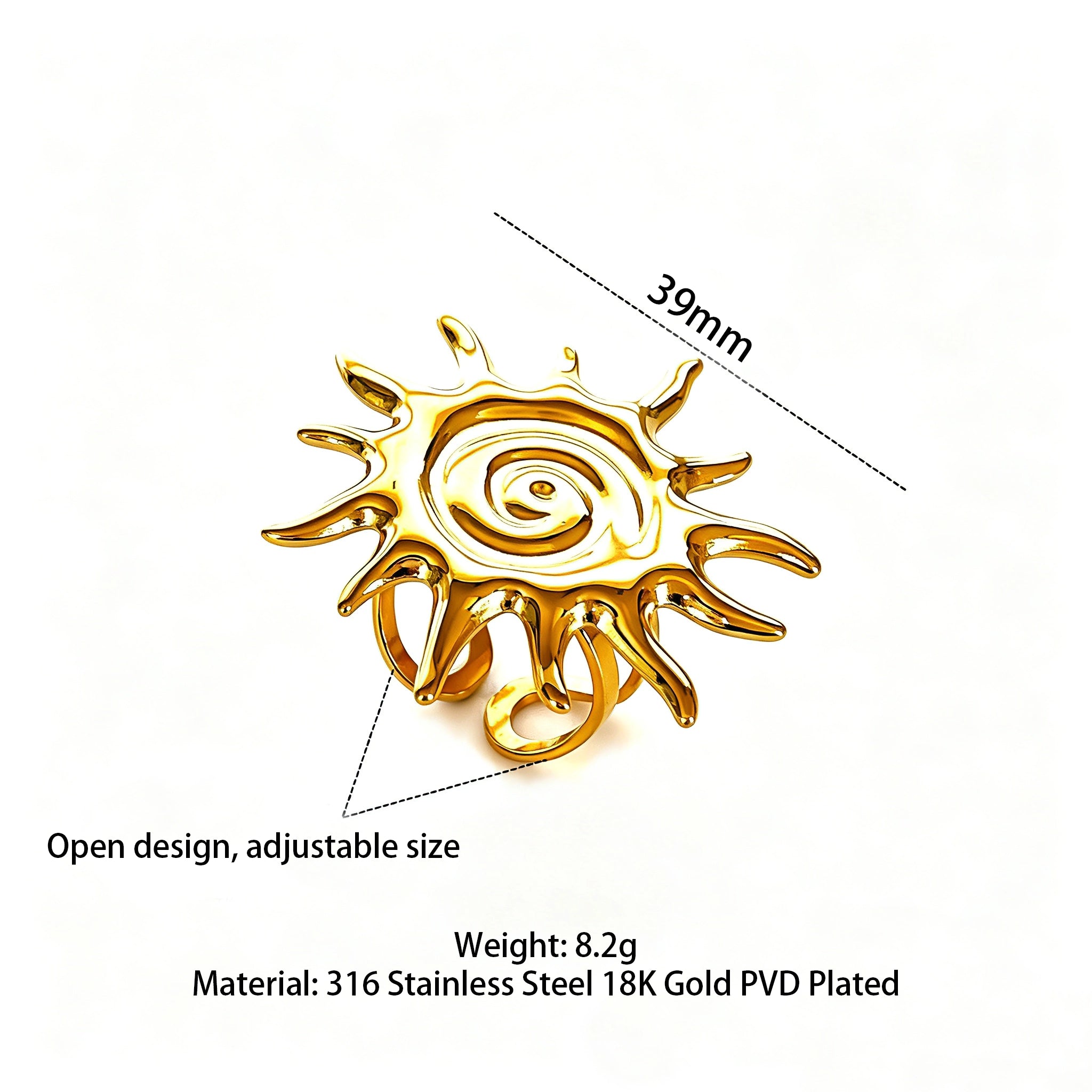 This 18K gold‑plated stainless steel ring set features bold sculpted designs of flowers, a puffy heart, swirling sun, and hammered crescent moon. Some flower rings are accented with a lustrous faux pearl for extra vintage charm. These open adjustable statement rings deliver a chunky retro aesthetic for everyday and special‑occasion styling.
