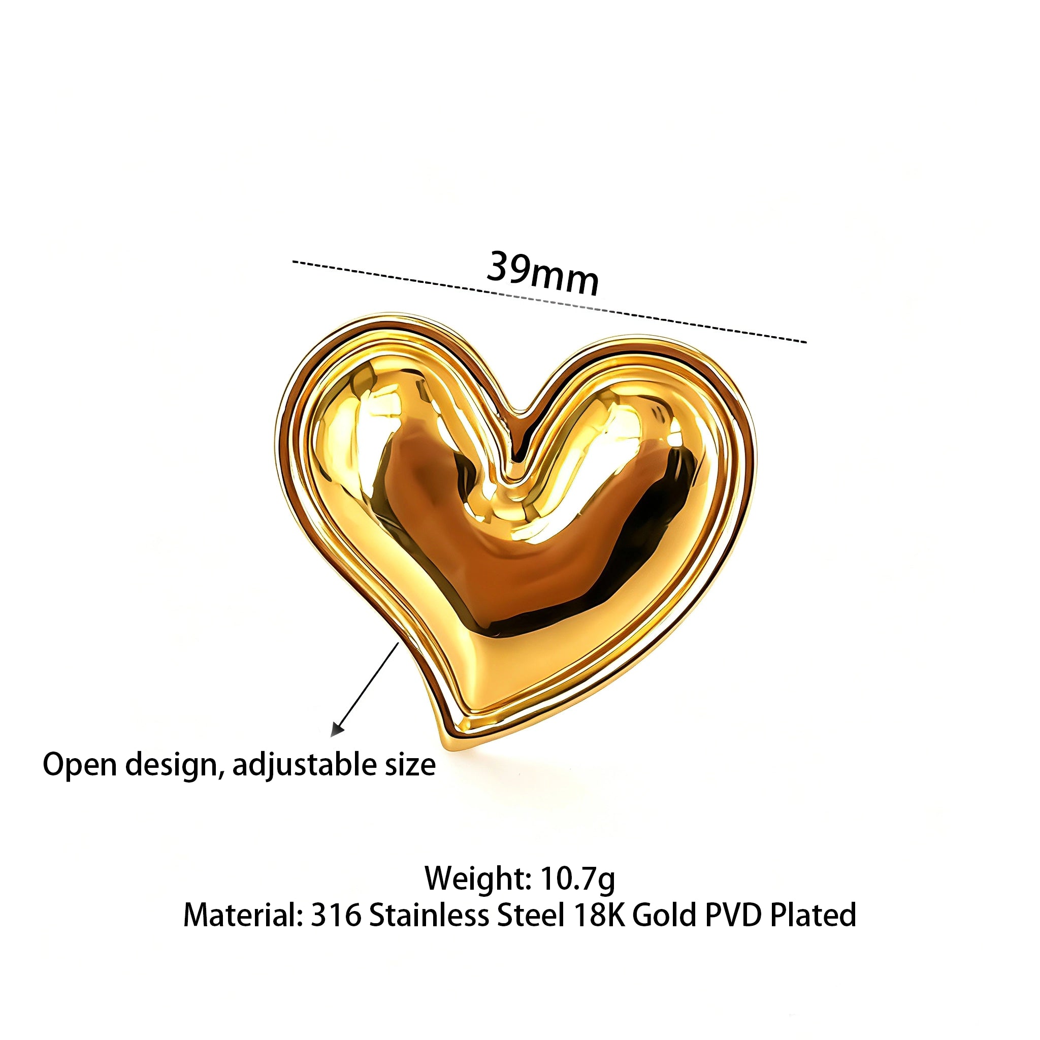 This 18K gold‑plated stainless steel ring set features bold sculpted designs of flowers, a puffy heart, swirling sun, and hammered crescent moon. Some flower rings are accented with a lustrous faux pearl for extra vintage charm. These open adjustable statement rings deliver a chunky retro aesthetic for everyday and special‑occasion styling.