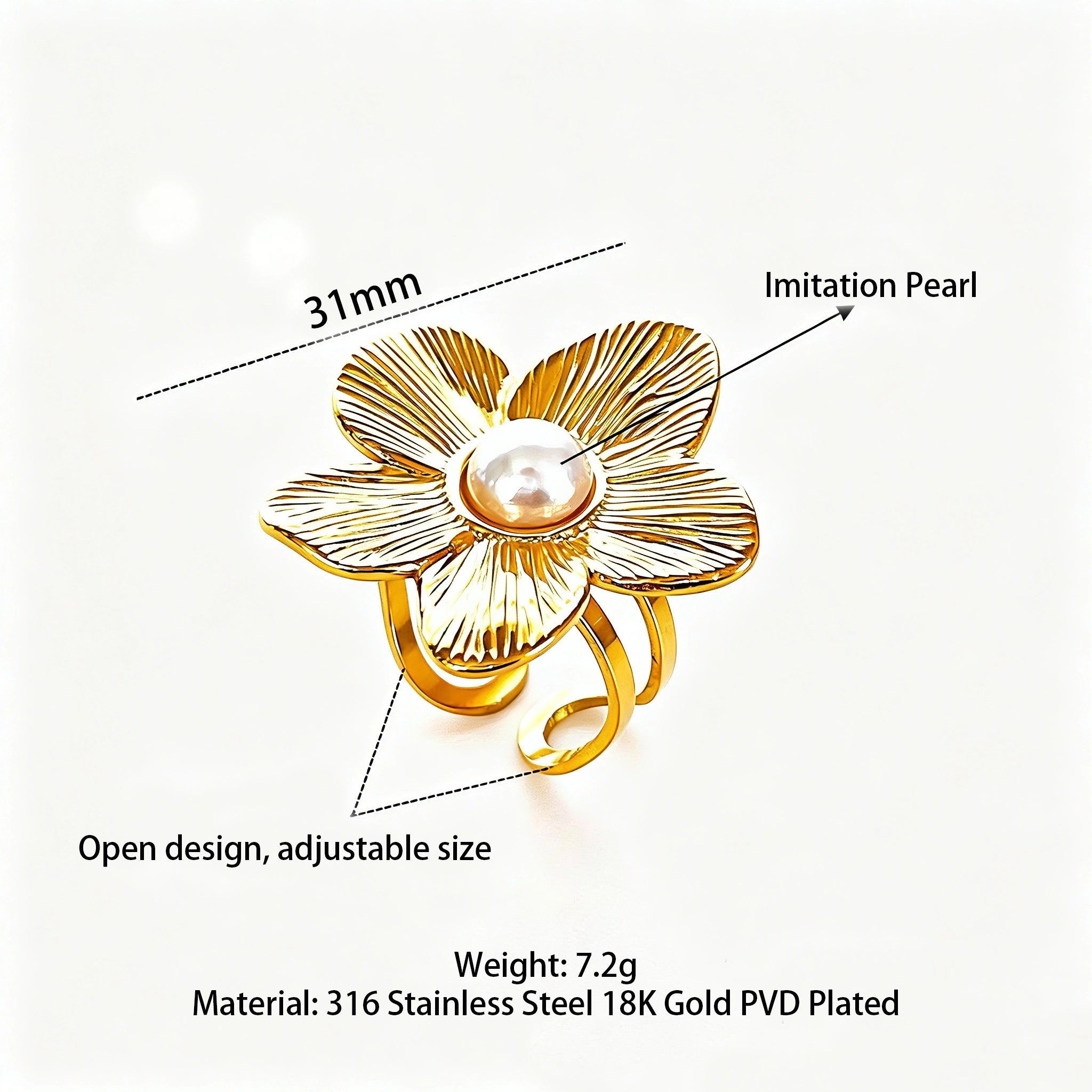 This 18K gold‑plated stainless steel ring set features bold sculpted designs of flowers, a puffy heart, swirling sun, and hammered crescent moon. Some flower rings are accented with a lustrous faux pearl for extra vintage charm. These open adjustable statement rings deliver a chunky retro aesthetic for everyday and special‑occasion styling.
