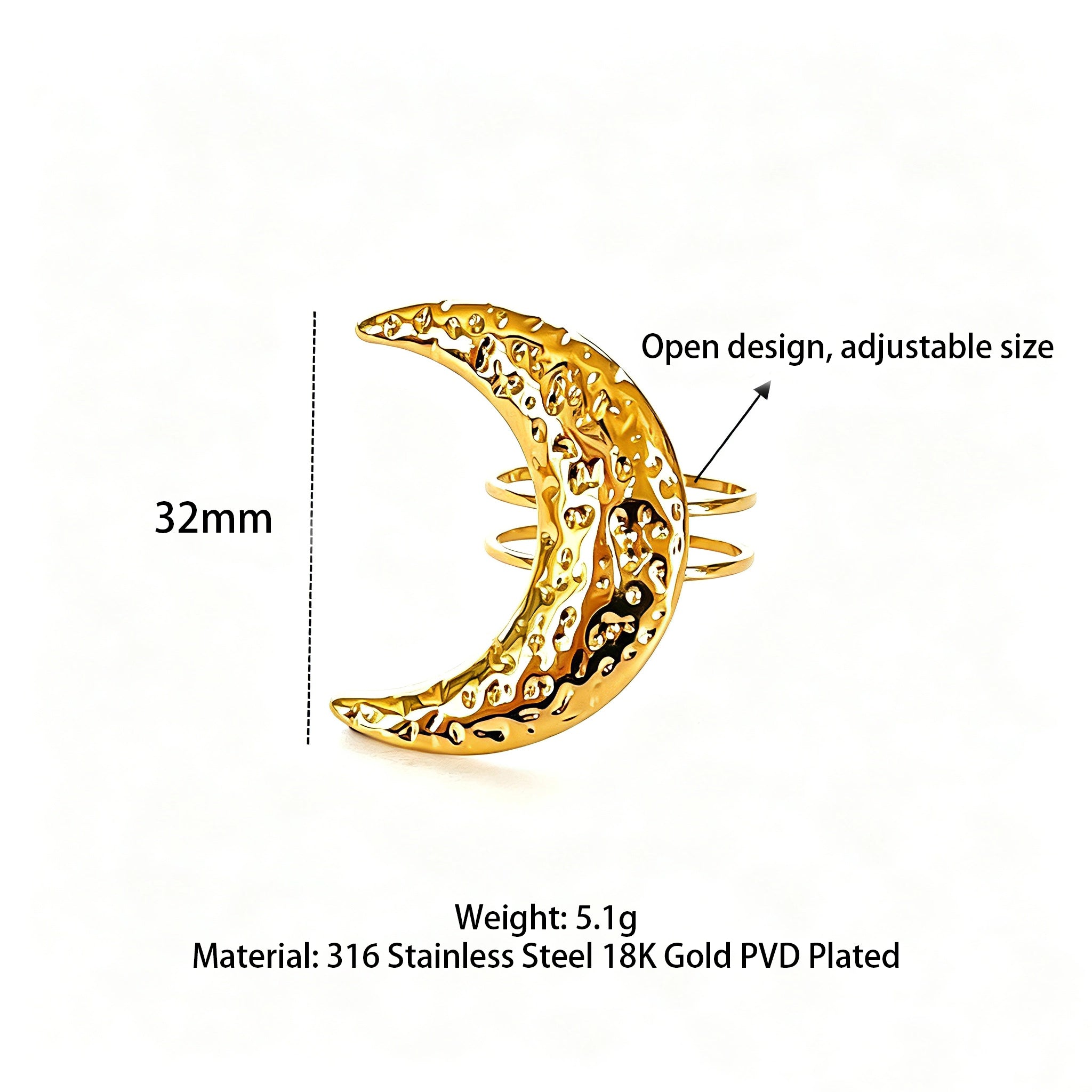 This 18K gold‑plated stainless steel ring set features bold sculpted designs of flowers, a puffy heart, swirling sun, and hammered crescent moon. Some flower rings are accented with a lustrous faux pearl for extra vintage charm. These open adjustable statement rings deliver a chunky retro aesthetic for everyday and special‑occasion styling.