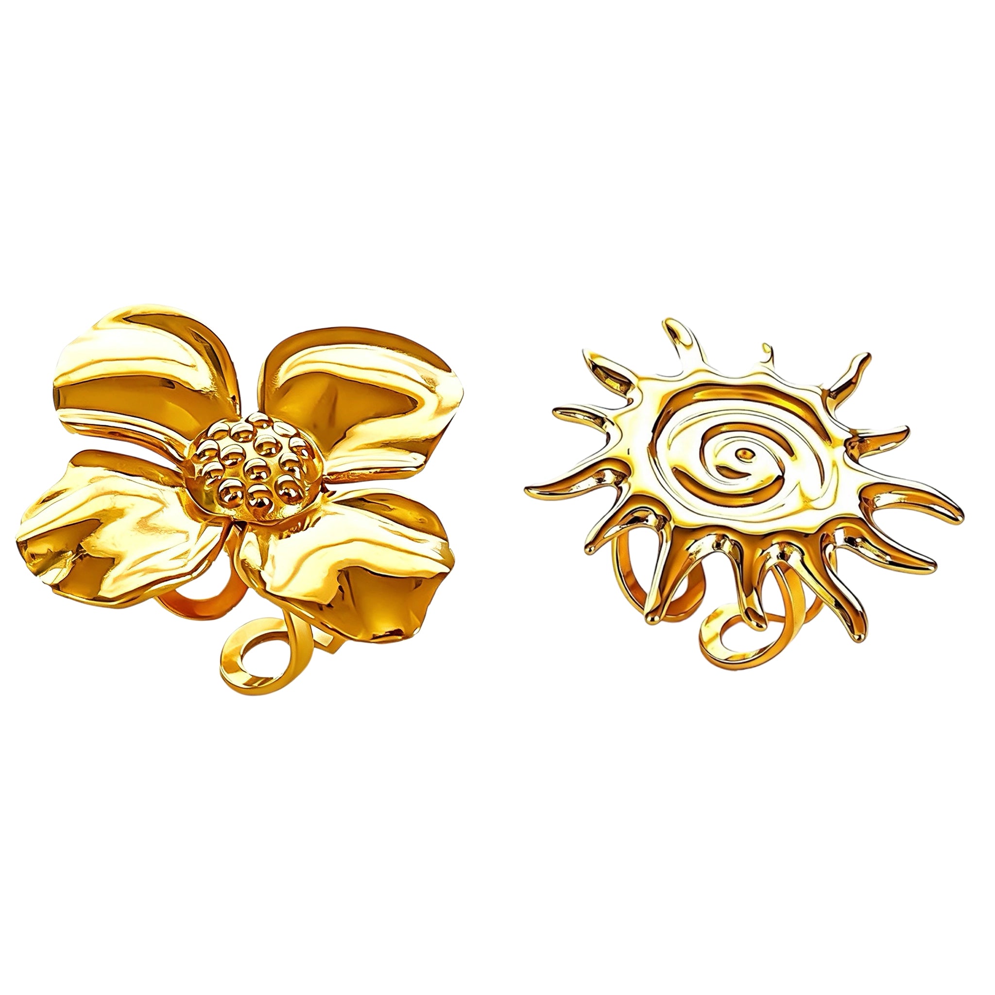 This 18K gold‑plated stainless steel ring set features bold sculpted designs of flowers, a puffy heart, swirling sun, and hammered crescent moon. Some flower rings are accented with a lustrous faux pearl for extra vintage charm. These open adjustable statement rings deliver a chunky retro aesthetic for everyday and special‑occasion styling.