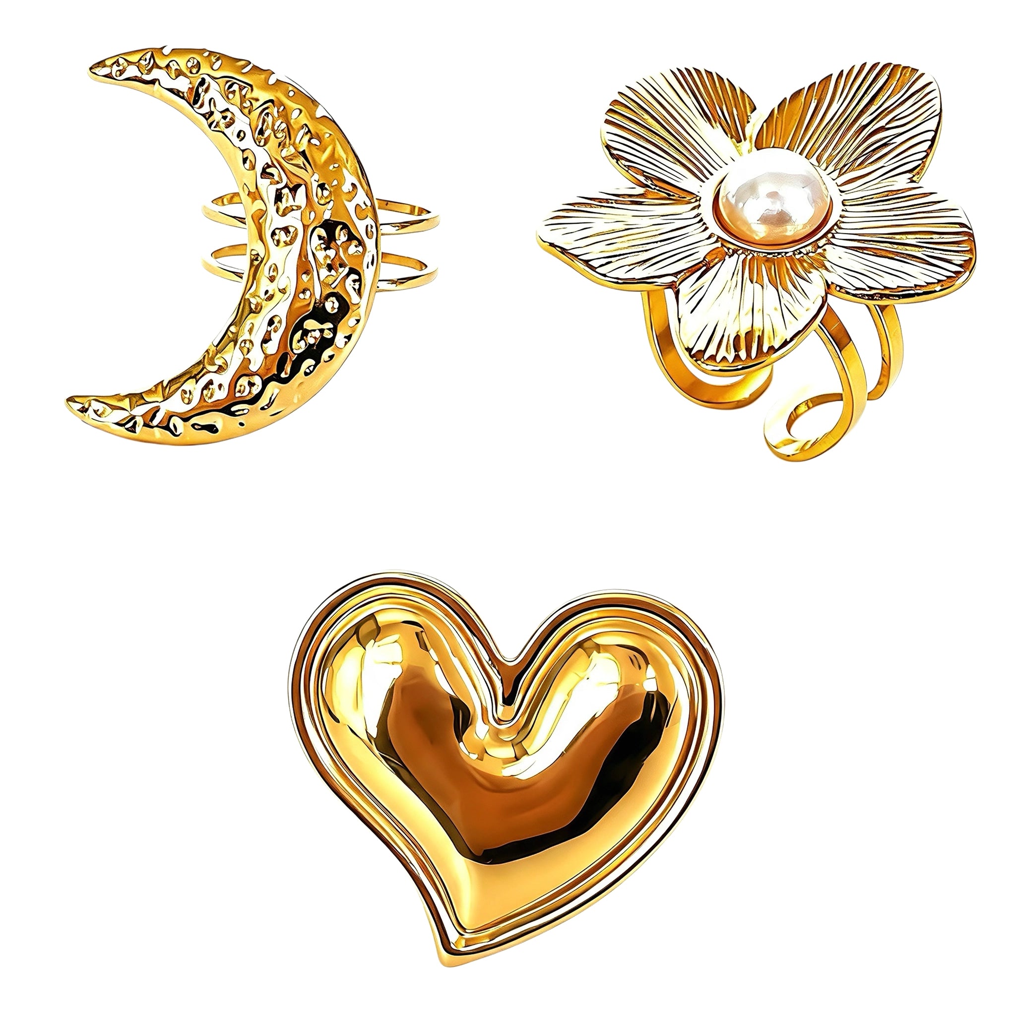 This 18K gold‑plated stainless steel ring set features bold sculpted designs of flowers, a puffy heart, swirling sun, and hammered crescent moon. Some flower rings are accented with a lustrous faux pearl for extra vintage charm. These open adjustable statement rings deliver a chunky retro aesthetic for everyday and special‑occasion styling.