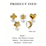 This 18K gold‑plated stainless steel ring set features bold sculpted designs of flowers, a puffy heart, swirling sun, and hammered crescent moon. Some flower rings are accented with a lustrous faux pearl for extra vintage charm. These open adjustable statement rings deliver a chunky retro aesthetic for everyday and special‑occasion styling.