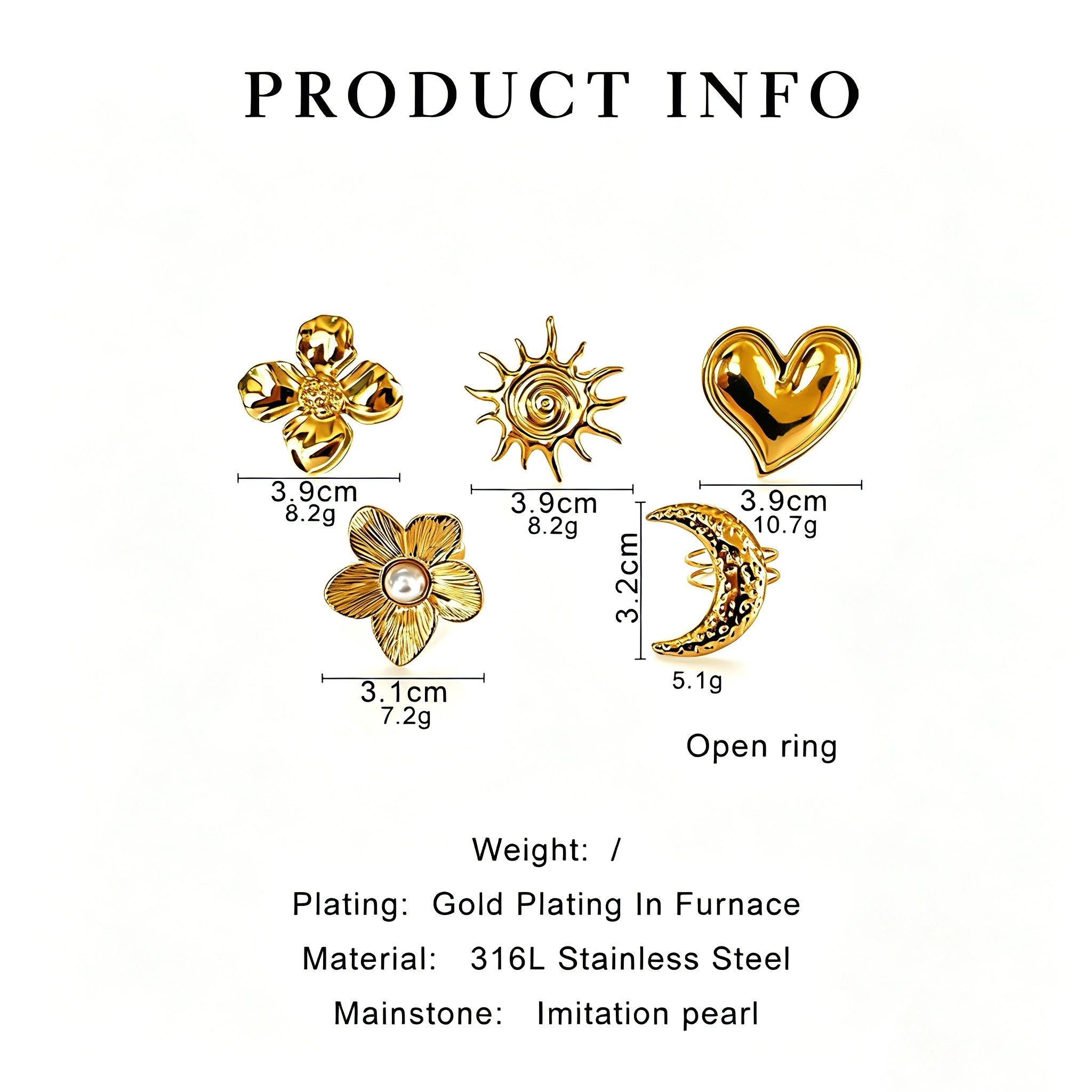 This 18K gold‑plated stainless steel ring set features bold sculpted designs of flowers, a puffy heart, swirling sun, and hammered crescent moon. Some flower rings are accented with a lustrous faux pearl for extra vintage charm. These open adjustable statement rings deliver a chunky retro aesthetic for everyday and special‑occasion styling.