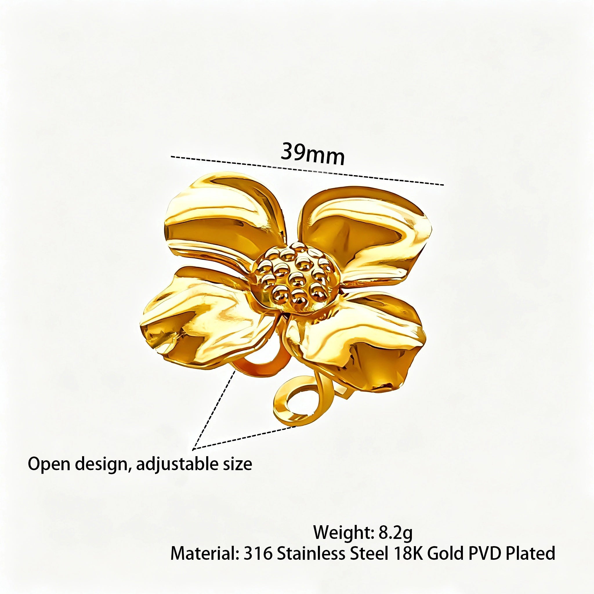 This 18K gold‑plated stainless steel ring set features bold sculpted designs of flowers, a puffy heart, swirling sun, and hammered crescent moon. Some flower rings are accented with a lustrous faux pearl for extra vintage charm. These open adjustable statement rings deliver a chunky retro aesthetic for everyday and special‑occasion styling.