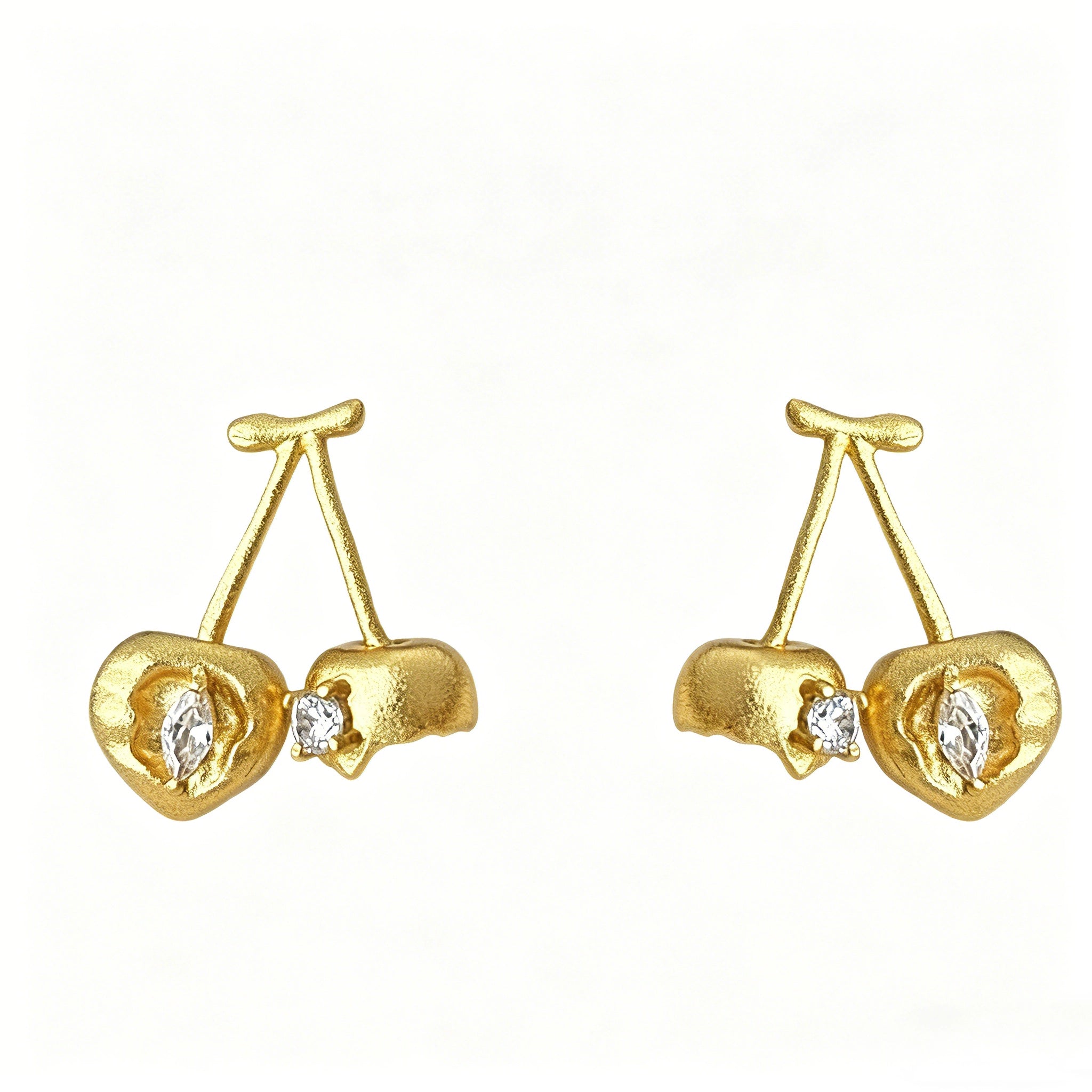 These cherry-shaped stud earrings feature a luxurious matte sandblasted finish, crafted from thick-plated real gold over 925 sterling silver posts. Each earring is designed as a pair of cherries, adorned with a marquise-cut and a round-cut sparkling clear stone, adding a delicate, eye-catching sparkle. The playful, organic cherry silhouette and premium gold plating make them a chic, elegant accessory for everyday wear.