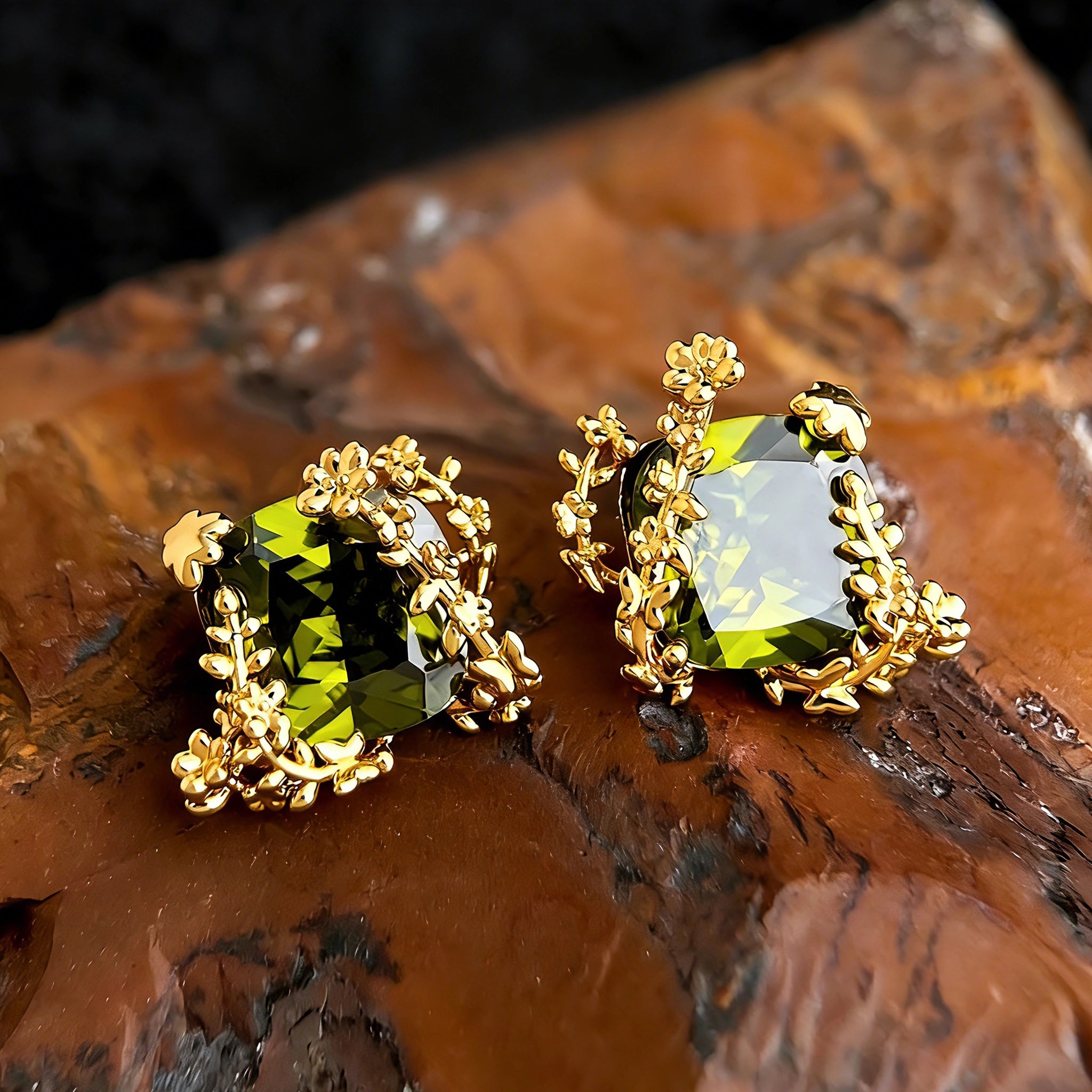 These stud earrings feature cushion-cut olive-green cubic zirconia stones, each encircled by delicate, nature-inspired gold floral and vine detailing. The thick 18K gold plating lends a rich, warm luster, contrasting beautifully with the deep green cubic zirconia to create an elegant, botanical aesthetic.