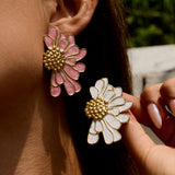 Luxury Rose Enamel Stud Earrings | Stainless Steel Geometric Flower Earrings for Women