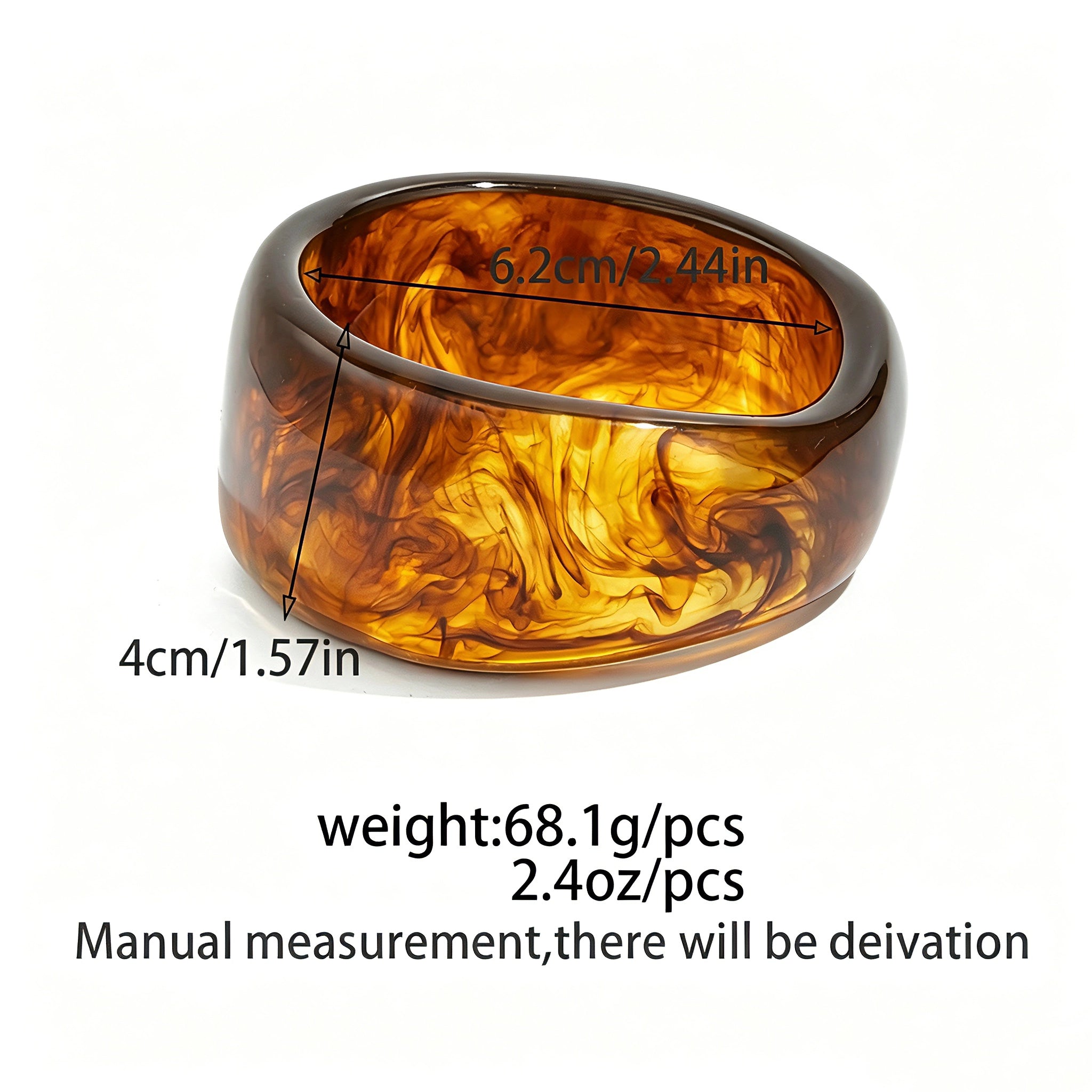 Crafted from translucent acrylic, these amber marbled bangles feature organic swirling tones for a vintage aesthetic. The 3-piece set includes varied shapes that stack beautifully, adding earthy retro charm to any outfit. Smooth, polished surfaces deliver a lightweight, comfortable wearing experience.