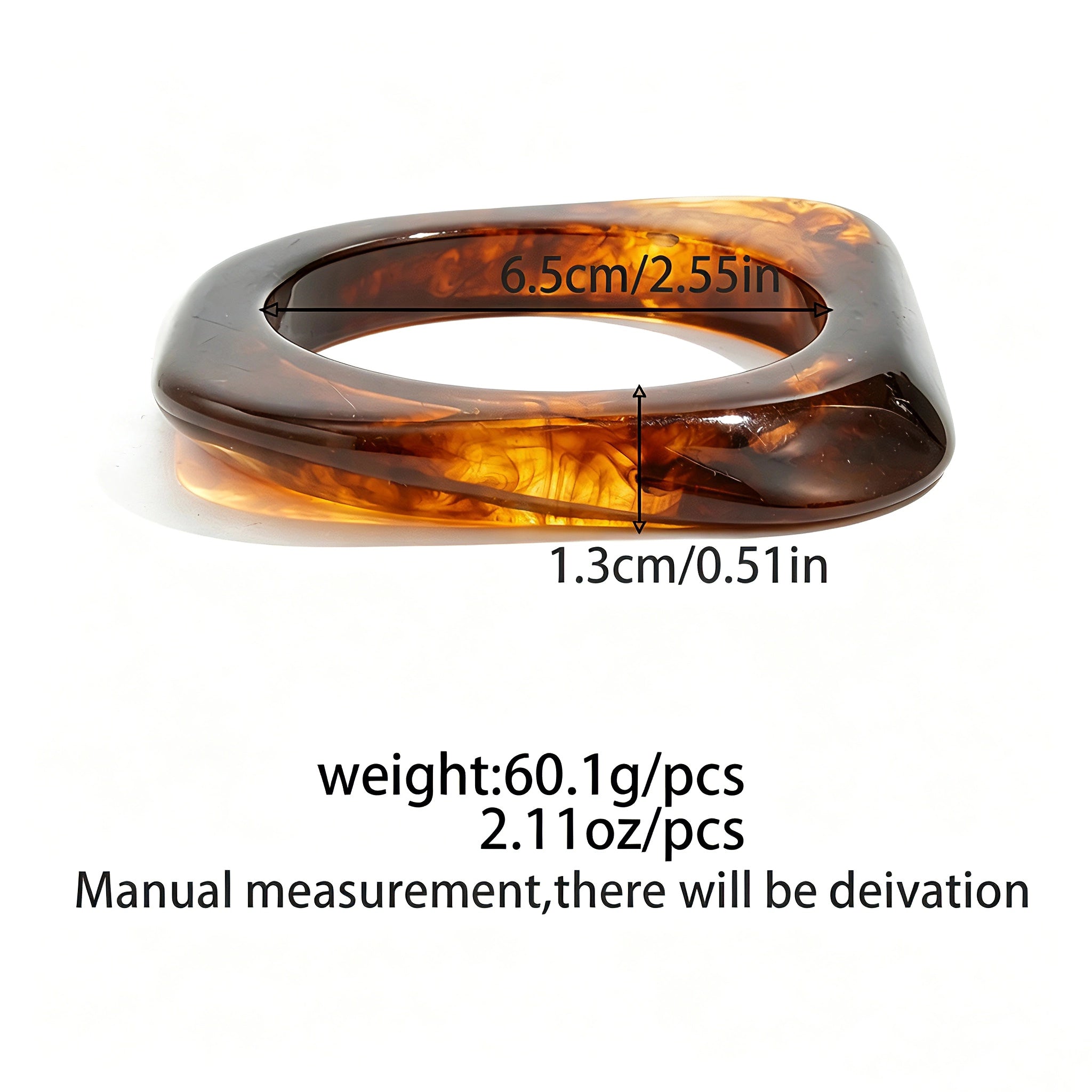 Crafted from translucent acrylic, these amber marbled bangles feature organic swirling tones for a vintage aesthetic. The 3-piece set includes varied shapes that stack beautifully, adding earthy retro charm to any outfit. Smooth, polished surfaces deliver a lightweight, comfortable wearing experience.