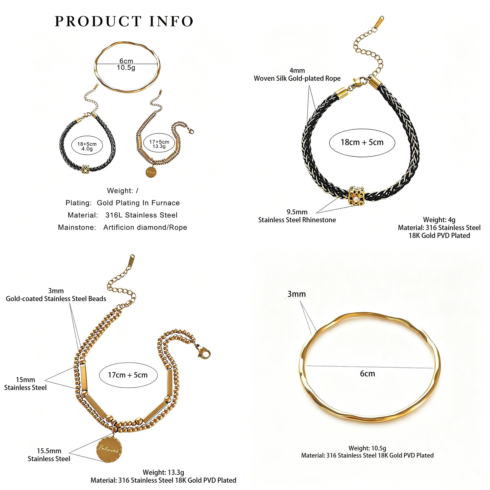 This vintage-inspired 3-piece bracelet set features a wavy gold bangle, engraved stainless steel bead chain and mixed black braided cord bracelet. Crafted from durable stainless steel, this stackable jewelry delivers timeless east-meets-west aesthetics for effortless layered styling. It is a versatile everyday accessory to elevate casual and chic outfits.