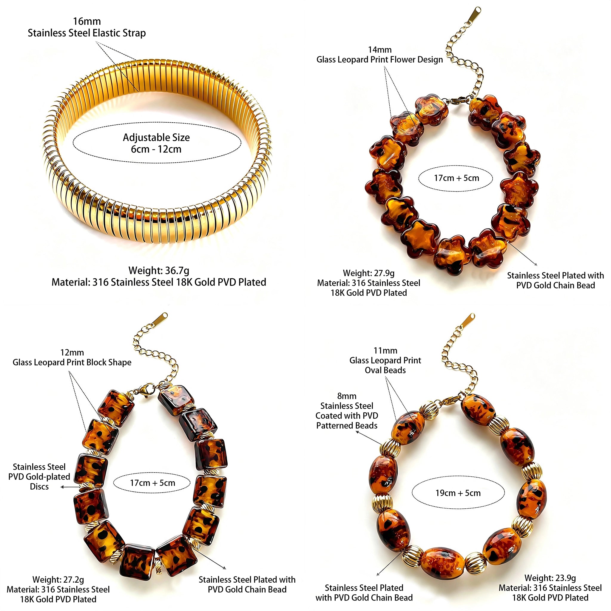 This 4-piece stackable bracelet set blends glossy tortoiseshell-pattern glass beads with polished stainless steel hardware. It includes flower-shaped, square, and oval beaded bracelets paired with a flexible gold-tone ribbed bangle. Perfect for layered styling, these warm earthy-toned accessories effortlessly elevate everyday and evening outfits.