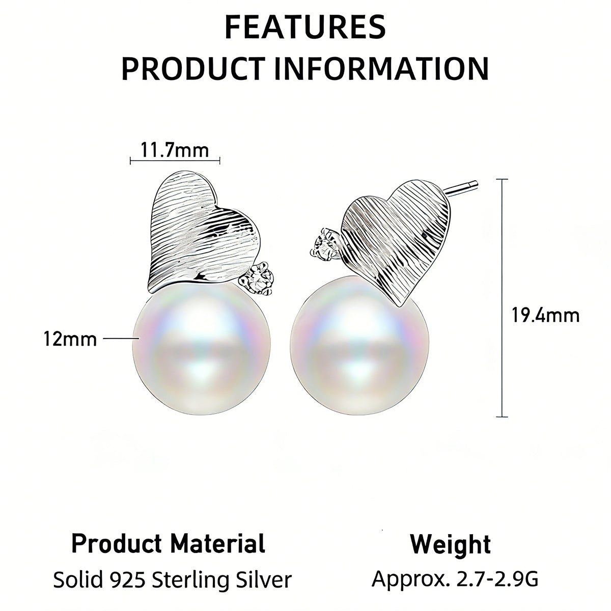 This minimalist pair of silver pearl stud earrings cleverly combine a chic silver heart-shaped pendant (11.7 mm wide) with a striking pearl teardrop (total height: 19.4 mm), with the pearl beneath the heart, creating a unique and stylish silhouette.