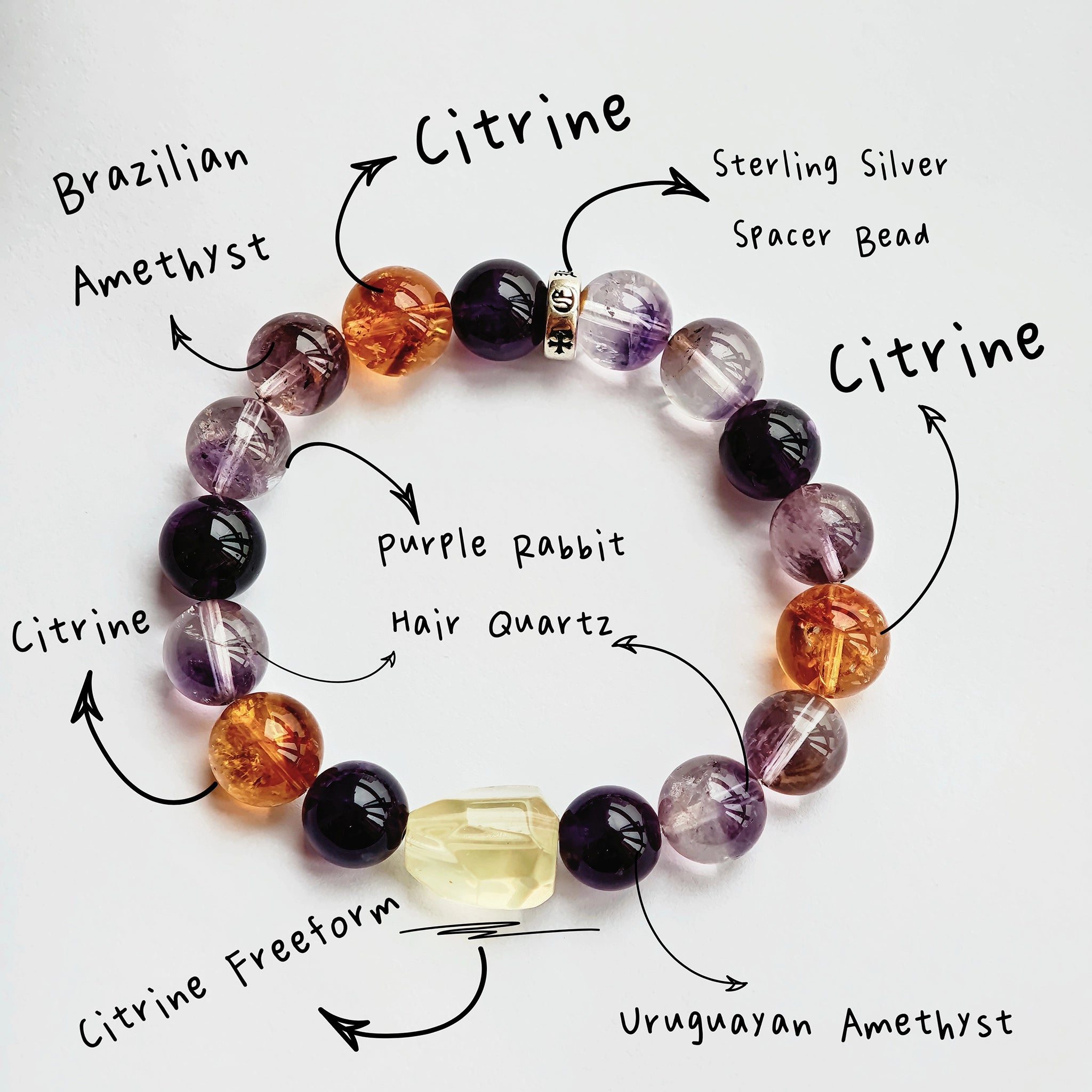 Crystal Bracelet with Amethyst, Citrine and Purple Rabbit Hair Quartz