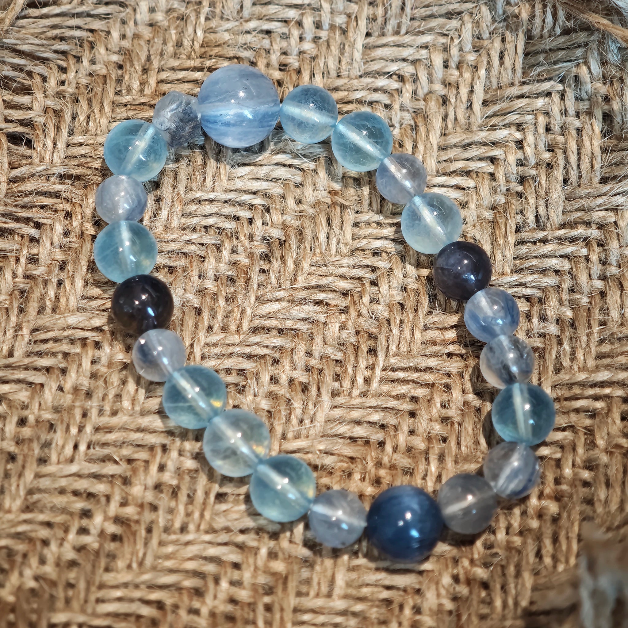 This is a gemstone bracelet consists of Kyanite, Blue Velvet Stone, Aquamarine, and Cordierite.