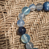 This is a gemstone bracelet consists of Kyanite, Blue Velvet Stone, Aquamarine, and Cordierite.