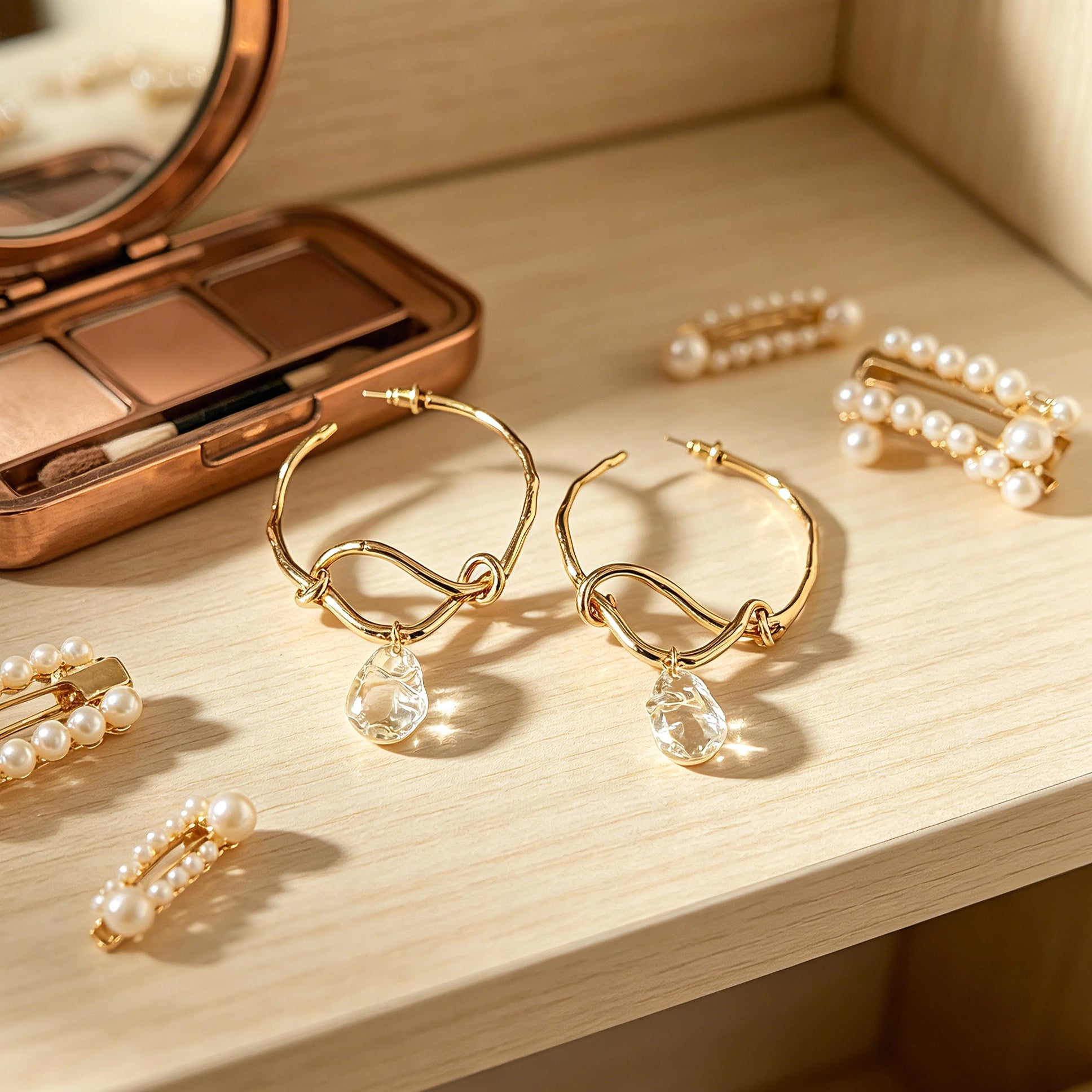 These artistic hoop earrings feature organic, knotted gold-toned metalwork that evokes a natural, twisted vine aesthetic. Suspended from each hoop is a freeform, clear charm with a textured, water-drop shape that catches light beautifully. The contrast between the warm, matte gold and the cool, translucent crystal creates a bold, avant-garde look.