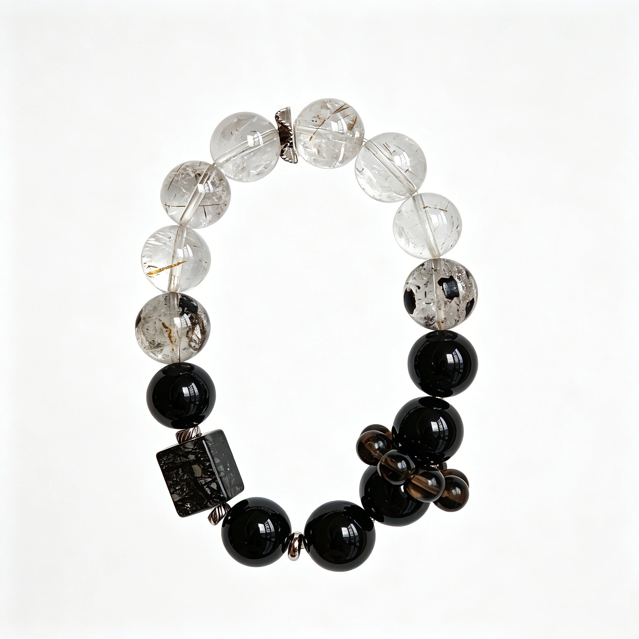 This is a crystal bracelet consists of Black Gold Ultra-Sparkle Azeztulite, Herkimer Diamond, Lace Black Rutilated Quartz, Obsidian and Tea Citrine Running Ring.