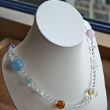 A multi-gemstone bracelet which is made with Silver Sheen Obsidian, Clear Quartz, Amethyst, Rose Quartz, Kyanite, Citrine, and Prehnite, etc. It’s also a necklace.