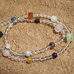 A multi-gemstone bracelet which is made with Silver Sheen Obsidian, Clear Quartz, Amethyst, Rose Quartz, Kyanite, Citrine, and Prehnite, etc. It’s also a necklace.