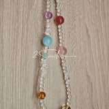 This handcrafted gemstone necklace is a stunning blend of natural crystals, featuring sparkling Herkimer Diamonds, vibrant Brazilian Amethyst, rich Pigeon's Blood Strawberry Quartz, serene Aquamarine, sunny Citrine, and luminous clear quartz, each bead hand-selected for its one-of-a-kind beauty. Strung alongside polished clear quartz spacers and accent stones, the necklace balances bold, colorful statement beads with delicate, shimmering crystal details, creating a piece that feels both earthy and ethereal.