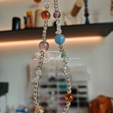 This handcrafted gemstone necklace is a stunning blend of natural crystals, featuring sparkling Herkimer Diamonds, vibrant Brazilian Amethyst, rich Pigeon's Blood Strawberry Quartz, serene Aquamarine, sunny Citrine, and luminous clear quartz, each bead hand-selected for its one-of-a-kind beauty. Strung alongside polished clear quartz spacers and accent stones, the necklace balances bold, colorful statement beads with delicate, shimmering crystal details, creating a piece that feels both earthy and ethereal.