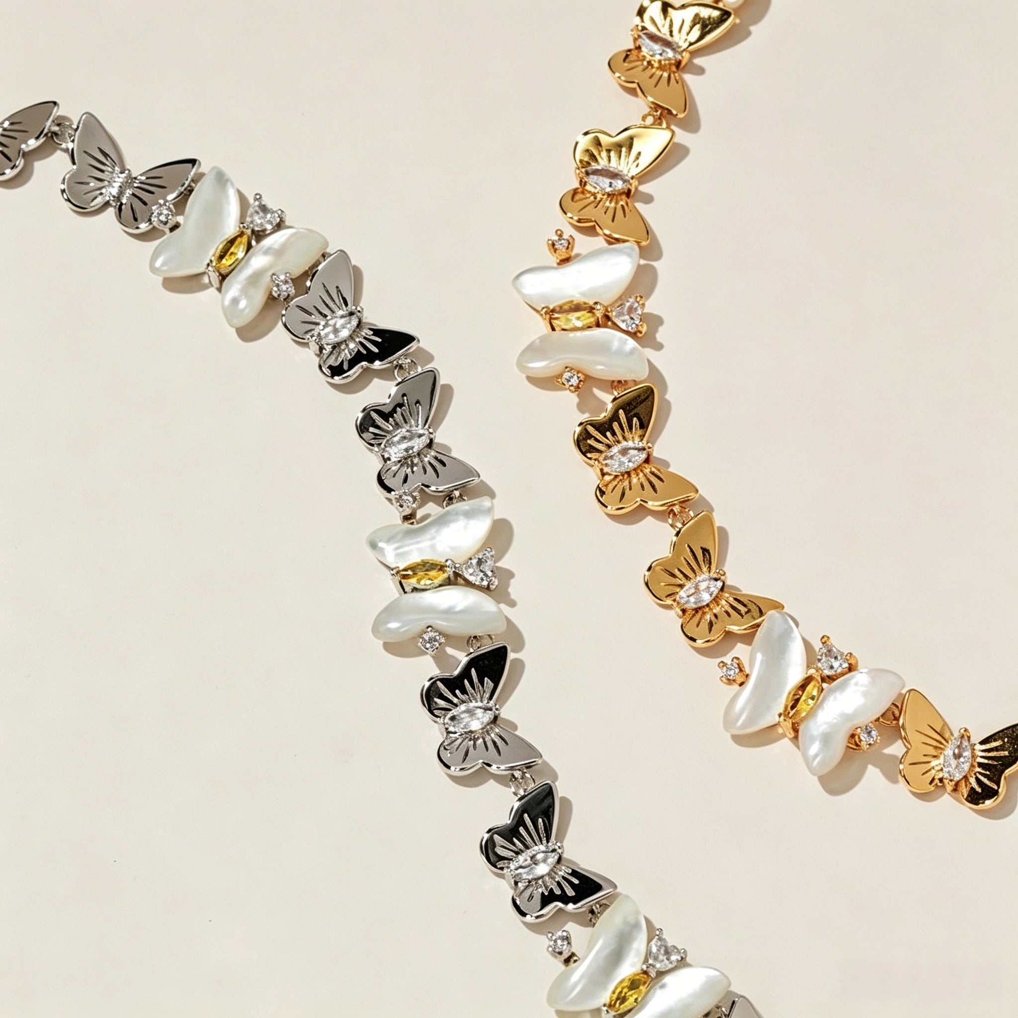This delicate choker necklace features alternating polished metal butterflies and lustrous white mother-of-pearl butterflies, accented with tiny sparkling crystals. The shimmering white shell inlays contrast beautifully with the warm gold (or cool silver) metal finish, creating an elegant, whimsical design that sits close to the collarbone.