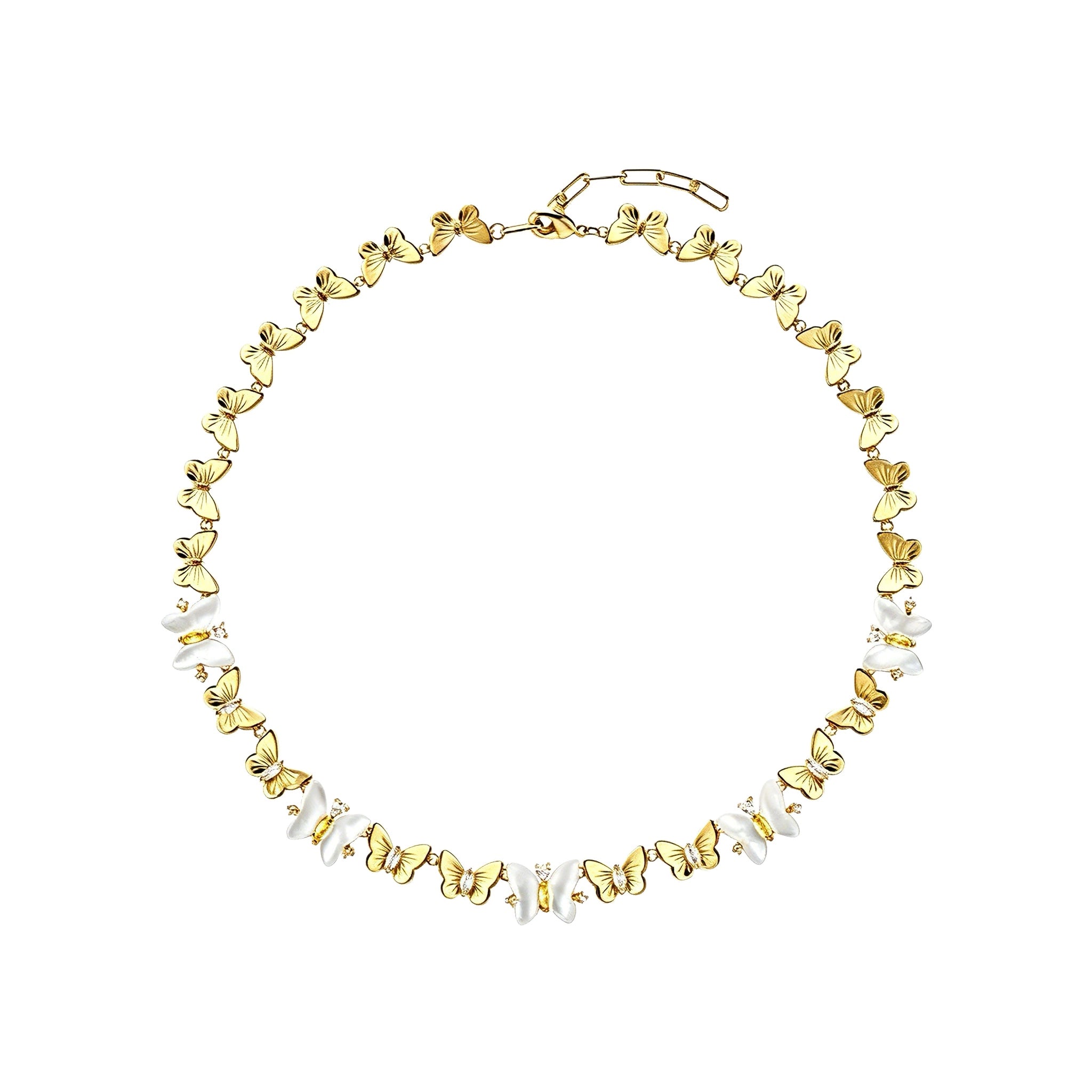 This delicate choker necklace features alternating polished metal butterflies and lustrous white mother-of-pearl butterflies, accented with tiny sparkling crystals. The shimmering white shell inlays contrast beautifully with the warm gold (or cool silver) metal finish, creating an elegant, whimsical design that sits close to the collarbone.