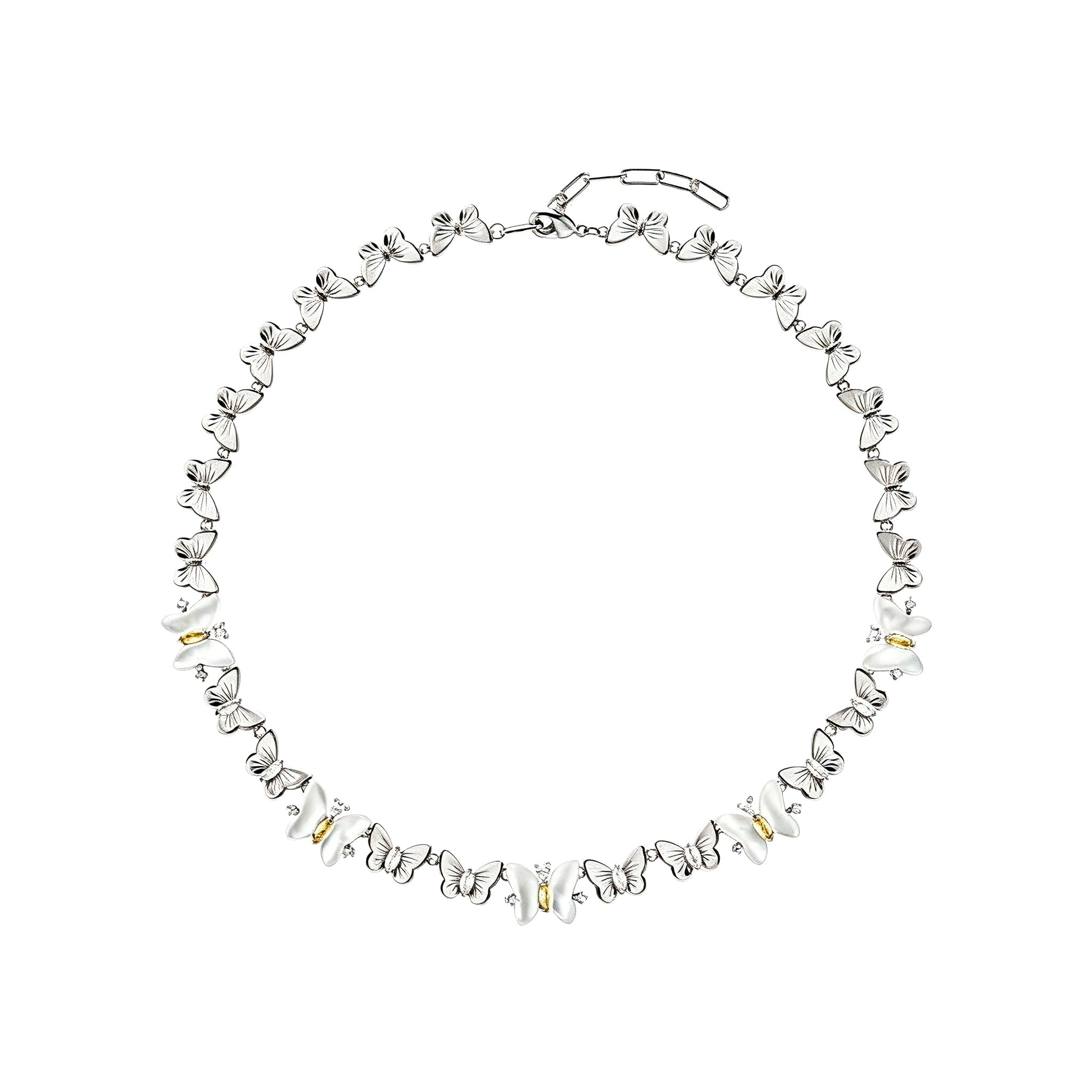 This delicate choker necklace features alternating polished metal butterflies and lustrous white mother-of-pearl butterflies, accented with tiny sparkling crystals. The shimmering white shell inlays contrast beautifully with the warm gold (or cool silver) metal finish, creating an elegant, whimsical design that sits close to the collarbone.
