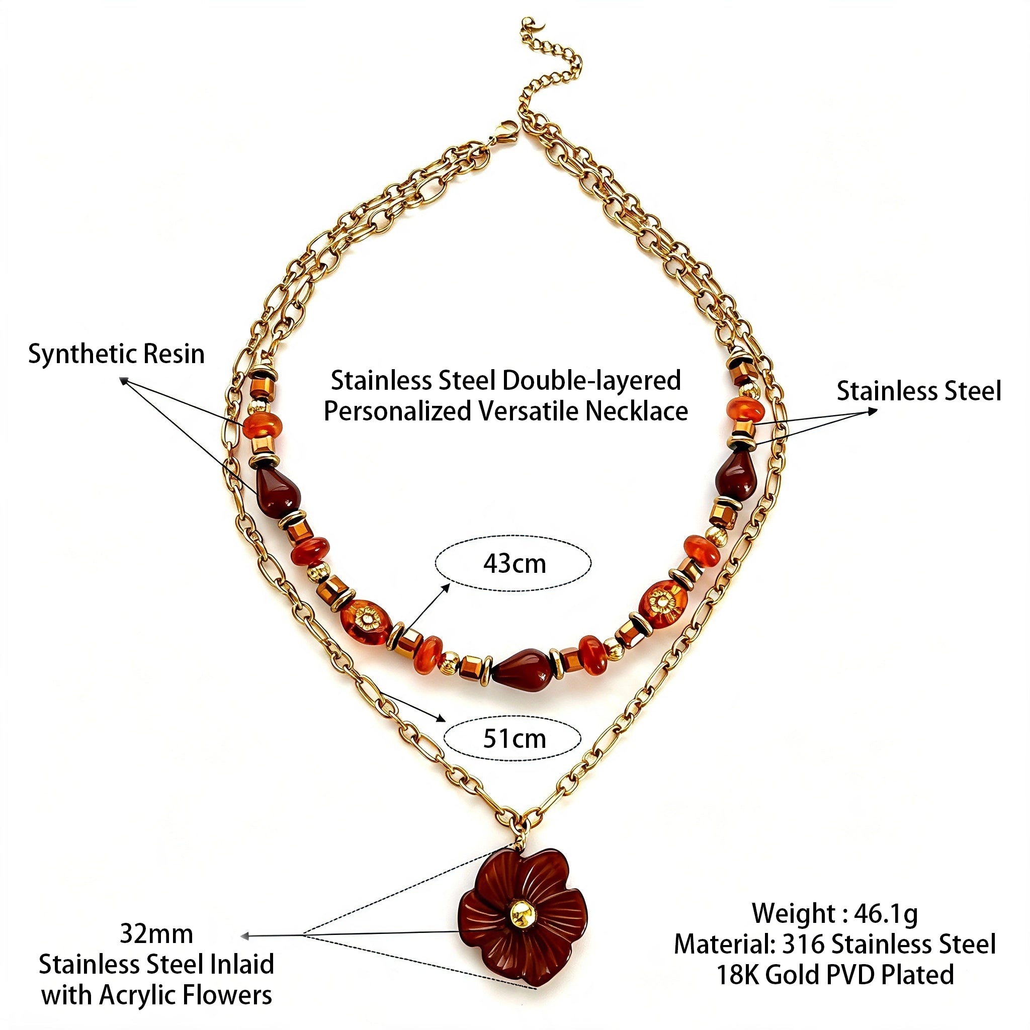 This vintage‑inspired Meidelat layered necklace features warm amber‑toned beads paired with polished gold‑toned metal chains. A carved rich brown flower pendant hangs on the lower paperclip chain, while the upper strand mixes varied-shaped resin beads for textured depth. Perfect for creating cozy boho‑chic layered neck stacking looks.