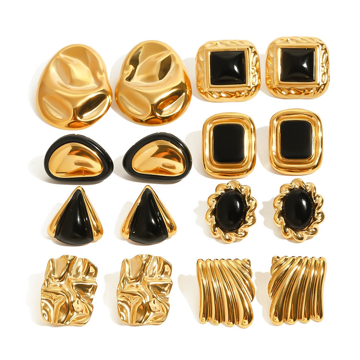 Classic Black and Gold Stud Earrings with Geometric Shape