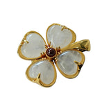 These four-leaf clover brooches come in two elegant versions: one with glossy black onyx petals centered by a delicate pearl, and the other with milky white crystal petals accented by a deep red gemstone at its core. Both are framed in polished gold-toned metal, exuding a classic, vintage-inspired charm.