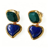 These French vintage-style drop earrings feature a geometric design, crafted with polished gold-tone metal settings. Each earring is adorned with two linked gemstone pendants: a cushion-cut square top and a heart-shaped bottom, made from natural agate in rich, varied hues like warm orange, deep blue, forest green, and vibrant red. The elegant, retro silhouette blends classic charm with a bold, colorful aesthetic, perfect for adding a statement touch to any look.