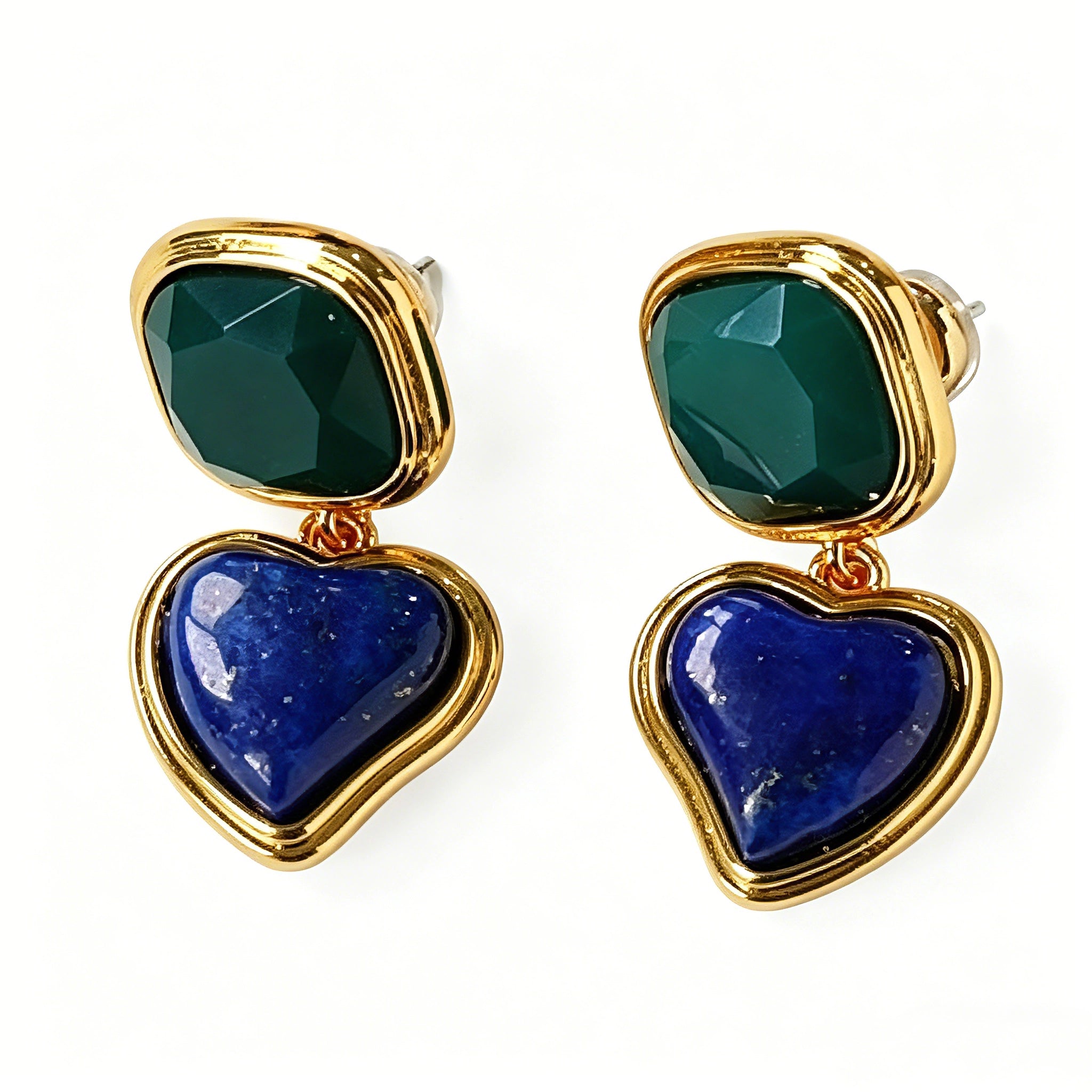 These French vintage-style drop earrings feature a geometric design, crafted with polished gold-tone metal settings. Each earring is adorned with two linked gemstone pendants: a cushion-cut square top and a heart-shaped bottom, made from natural agate in rich, varied hues like warm orange, deep blue, forest green, and vibrant red. The elegant, retro silhouette blends classic charm with a bold, colorful aesthetic, perfect for adding a statement touch to any look.