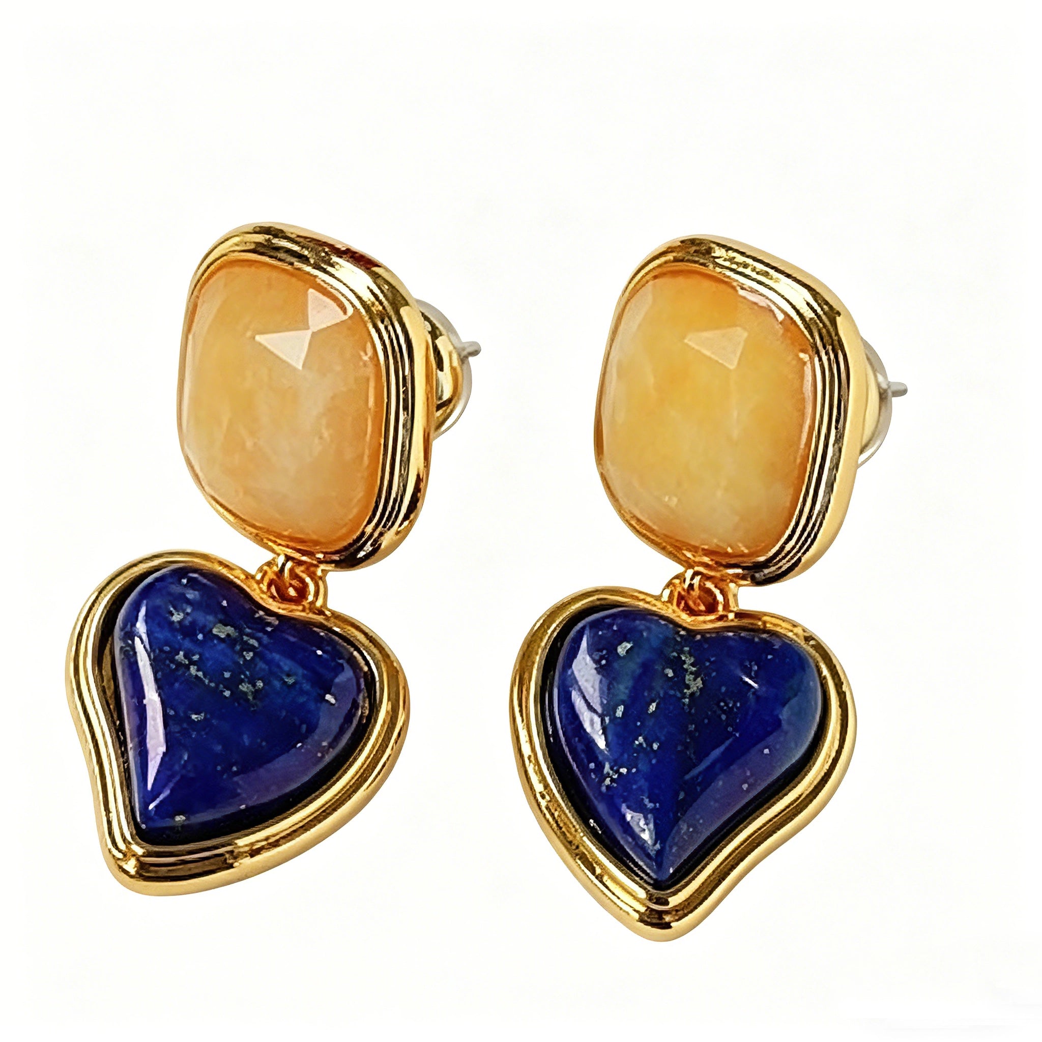 These French vintage-style drop earrings feature a geometric design, crafted with polished gold-tone metal settings. Each earring is adorned with two linked gemstone pendants: a cushion-cut square top and a heart-shaped bottom, made from natural agate in rich, varied hues like warm orange, deep blue, forest green, and vibrant red. The elegant, retro silhouette blends classic charm with a bold, colorful aesthetic, perfect for adding a statement touch to any look.