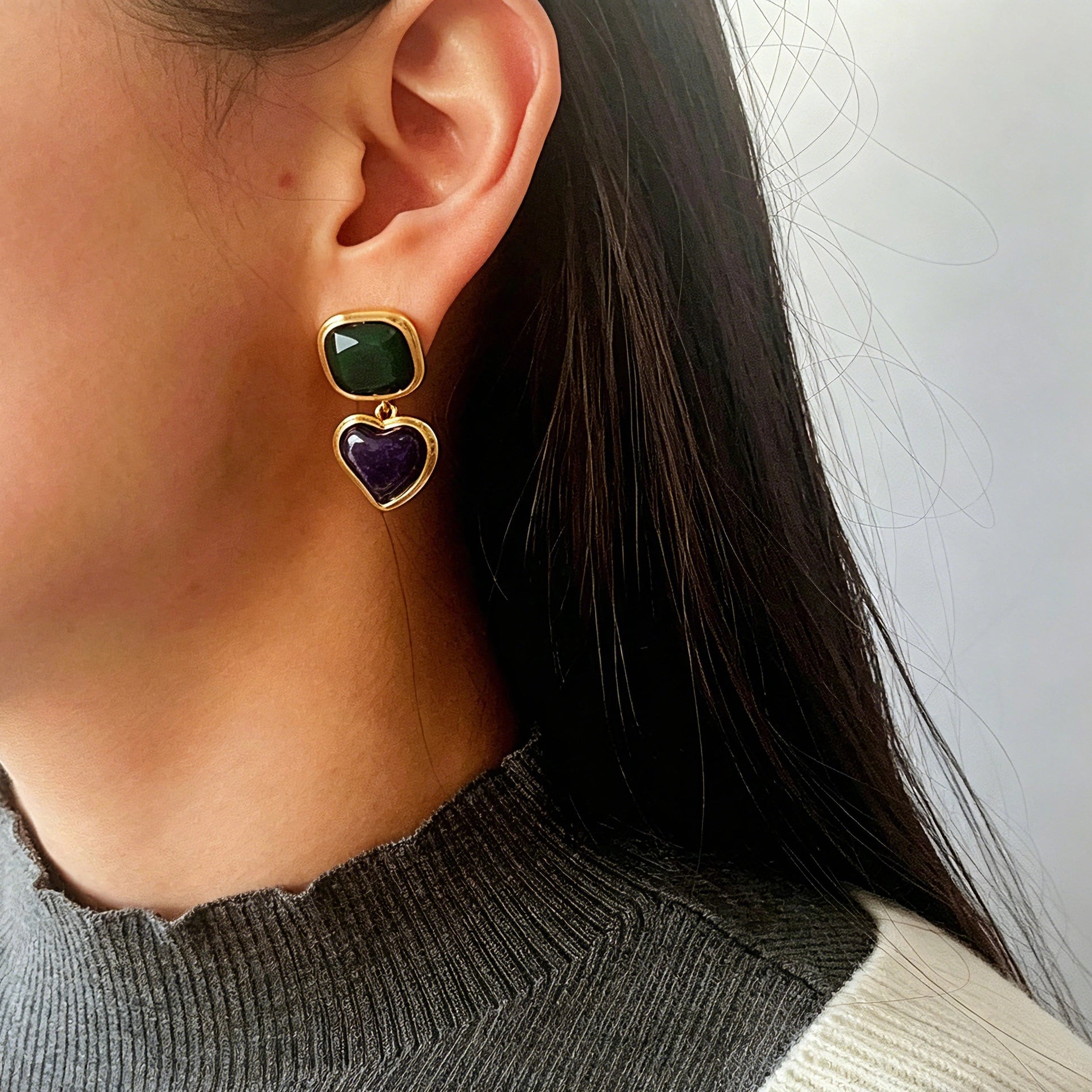 These French vintage-style drop earrings feature a geometric design, crafted with polished gold-tone metal settings. Each earring is adorned with two linked gemstone pendants: a cushion-cut square top and a heart-shaped bottom, made from natural agate in rich, varied hues like warm orange, deep blue, forest green, and vibrant red. The elegant, retro silhouette blends classic charm with a bold, colorful aesthetic, perfect for adding a statement touch to any look.
