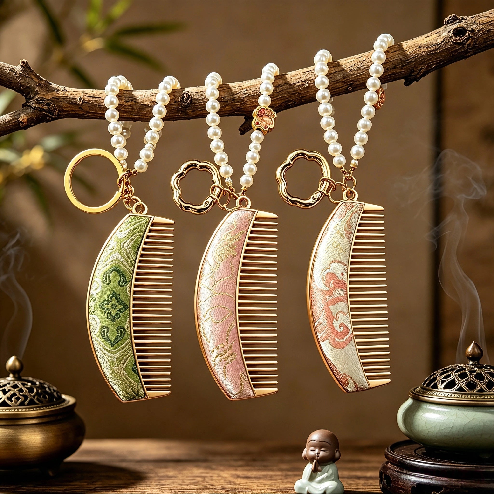  These mini comb keychains are crafted with elegant Chinese Song brocade fabric, showcasing classic traditional patterns in soft green, blush pink, and vintage cream tones. Each delicate hair comb pendant is matched with a glossy pearl lanyard and golden hardware, blending ancient oriental aesthetics with portable daily accessory design. A charming small heritage-style ornament perfect for bags, keys and gifting.