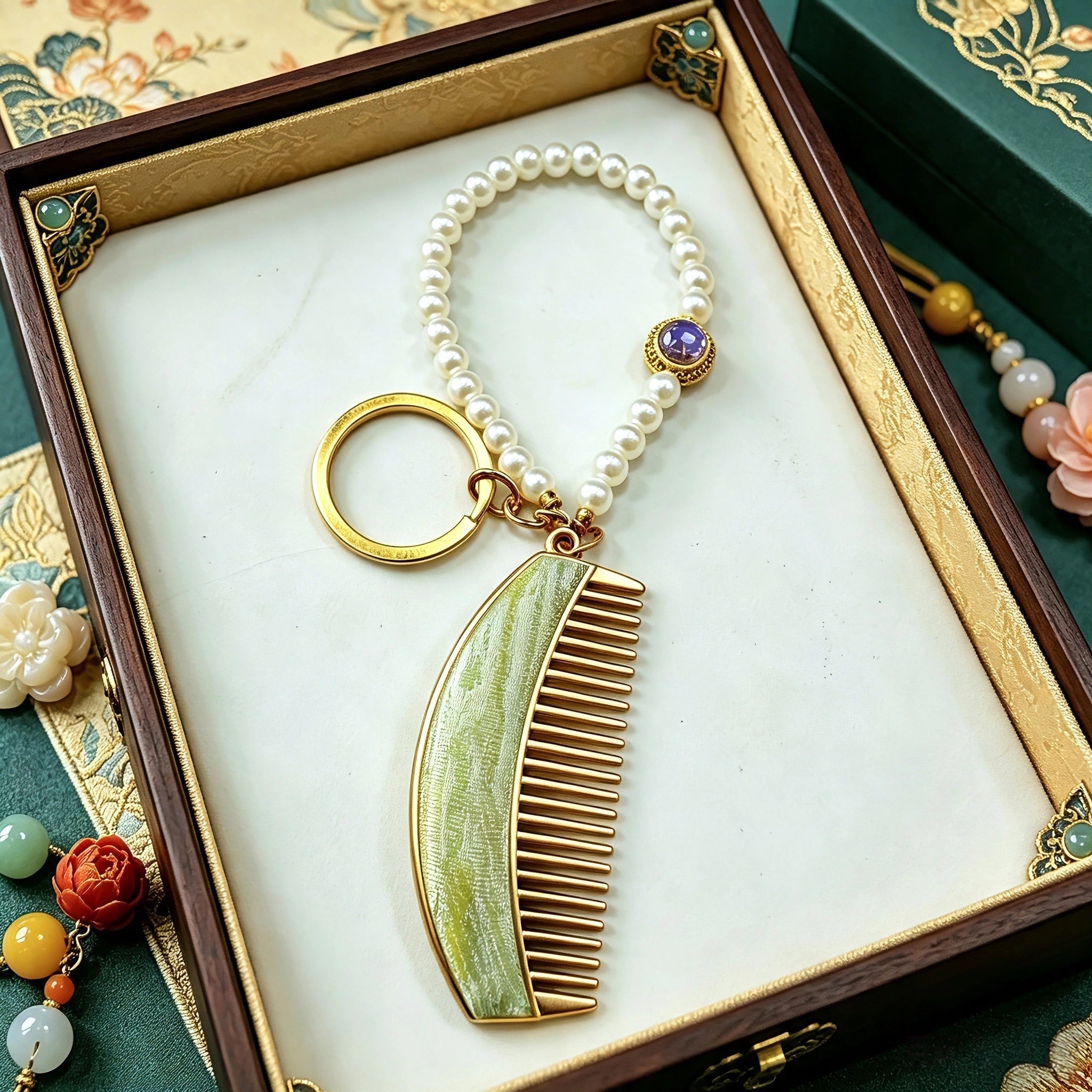 These mini comb keychains are crafted with elegant Chinese Song brocade fabric, showcasing classic traditional patterns in soft green, blush pink, and vintage cream tones. Each delicate hair comb pendant is matched with a glossy pearl lanyard and golden hardware, blending ancient oriental aesthetics with portable daily accessory design. A charming small heritage-style ornament perfect for bags, keys and gifting.