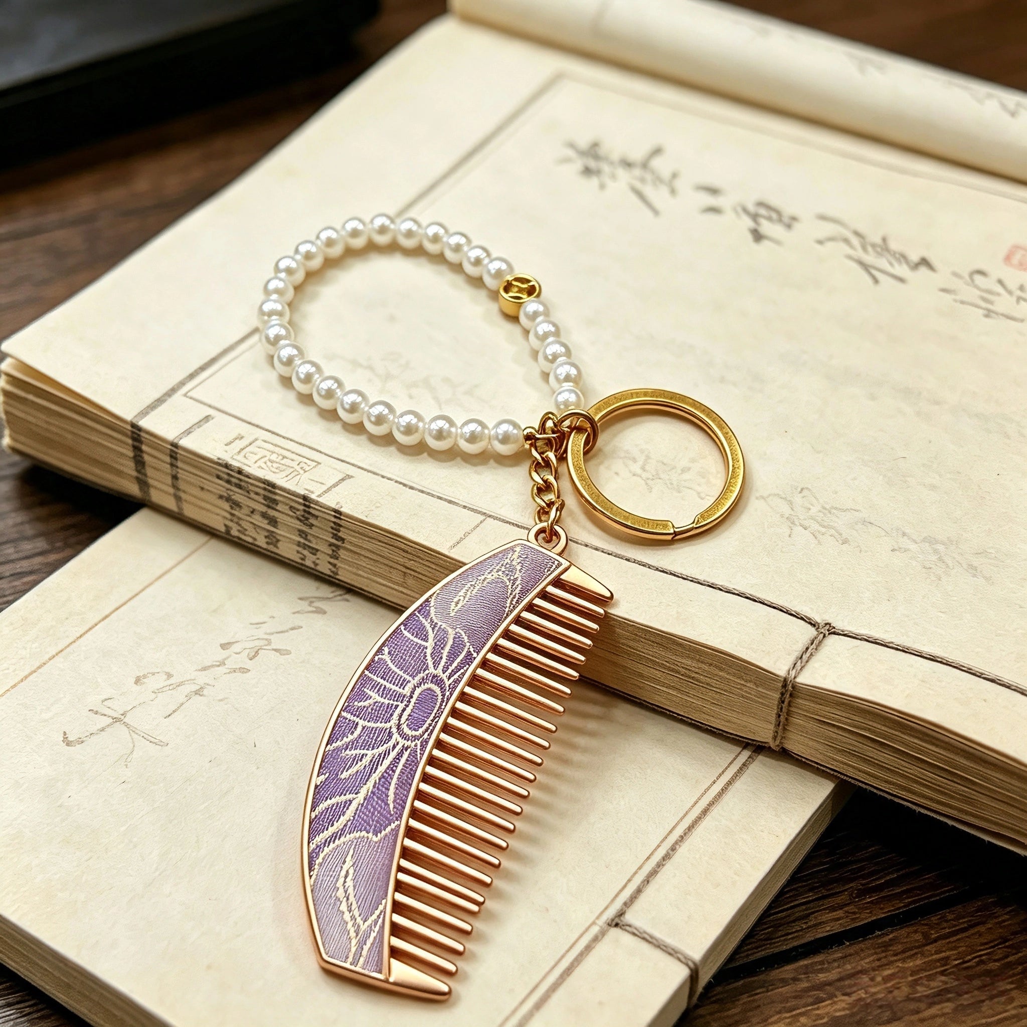 These mini comb keychains are crafted with elegant Chinese Song brocade fabric, showcasing classic traditional patterns in soft green, blush pink, and vintage cream tones. Each delicate hair comb pendant is matched with a glossy pearl lanyard and golden hardware, blending ancient oriental aesthetics with portable daily accessory design. A charming small heritage-style ornament perfect for bags, keys and gifting.
