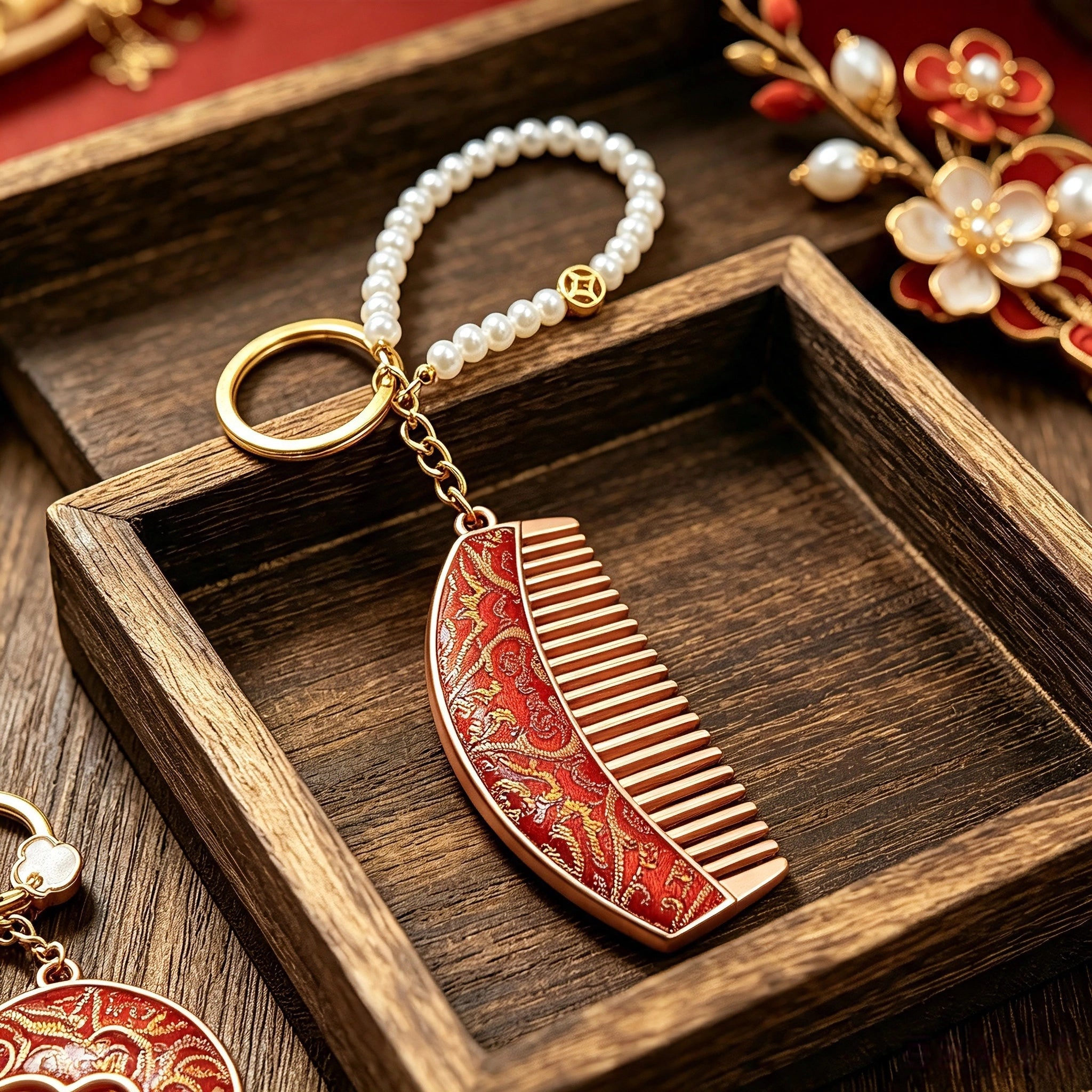 These mini comb keychains are crafted with elegant Chinese Song brocade fabric, showcasing classic traditional patterns in soft green, blush pink, and vintage cream tones. Each delicate hair comb pendant is matched with a glossy pearl lanyard and golden hardware, blending ancient oriental aesthetics with portable daily accessory design. A charming small heritage-style ornament perfect for bags, keys and gifting.