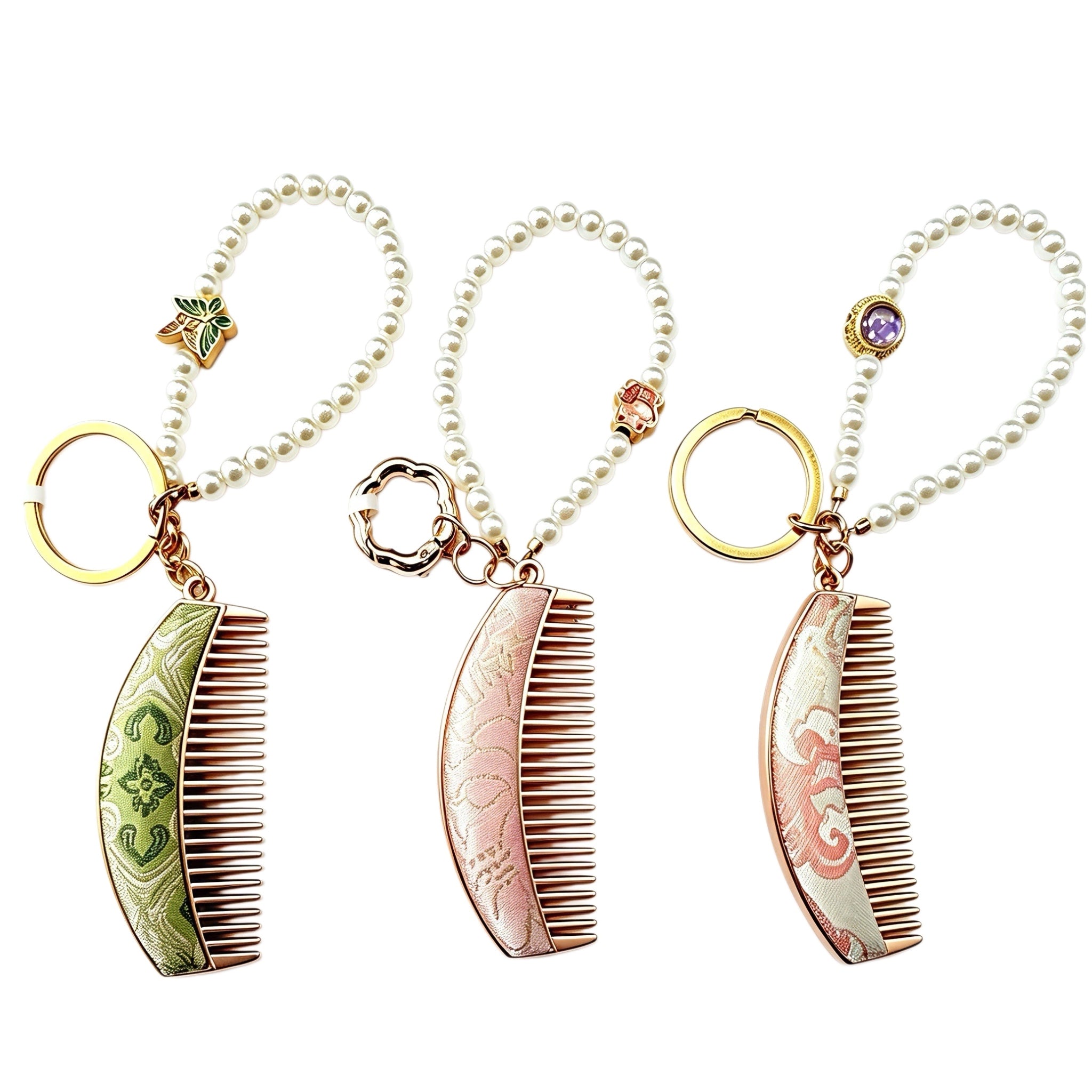 These mini comb keychains are crafted with elegant Chinese Song brocade fabric, showcasing classic traditional patterns in soft green, blush pink, and vintage cream tones. Each delicate hair comb pendant is matched with a glossy pearl lanyard and golden hardware, blending ancient oriental aesthetics with portable daily accessory design. A charming small heritage-style ornament perfect for bags, keys and gifting.