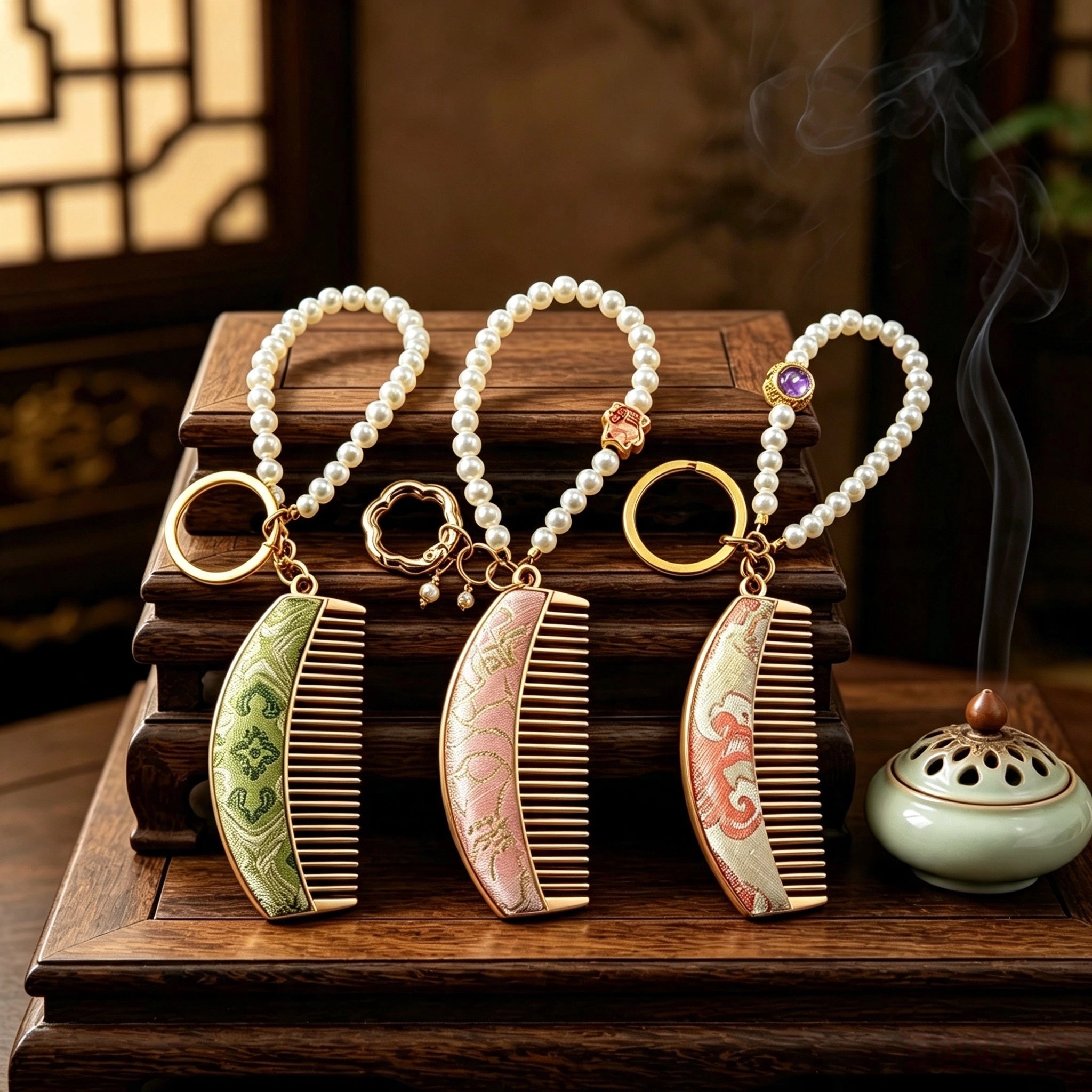  These mini comb keychains are crafted with elegant Chinese Song brocade fabric, showcasing classic traditional patterns in soft green, blush pink, and vintage cream tones. Each delicate hair comb pendant is matched with a glossy pearl lanyard and golden hardware, blending ancient oriental aesthetics with portable daily accessory design. A charming small heritage-style ornament perfect for bags, keys and gifting.