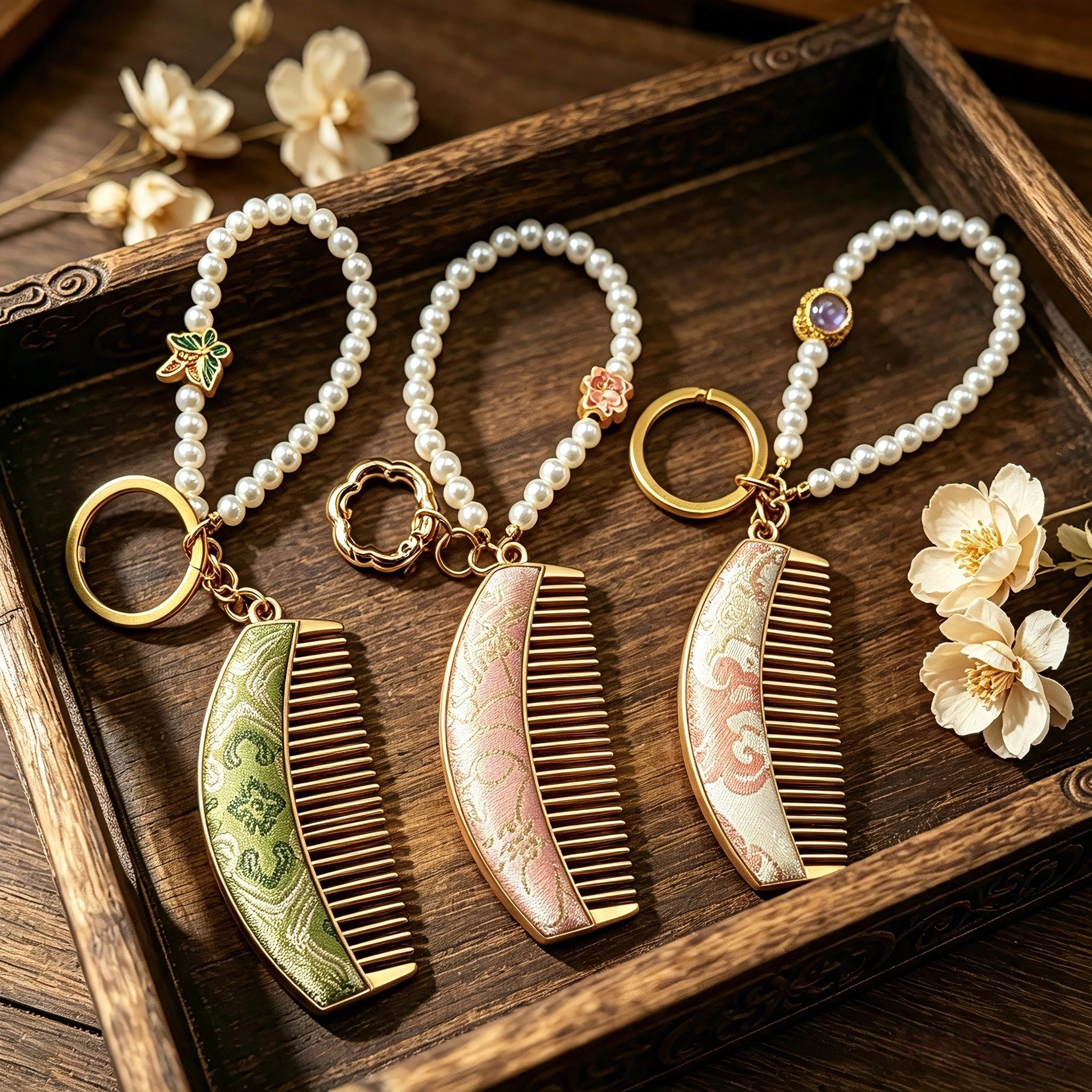  These mini comb keychains are crafted with elegant Chinese Song brocade fabric, showcasing classic traditional patterns in soft green, blush pink, and vintage cream tones. Each delicate hair comb pendant is matched with a glossy pearl lanyard and golden hardware, blending ancient oriental aesthetics with portable daily accessory design. A charming small heritage-style ornament perfect for bags, keys and gifting.