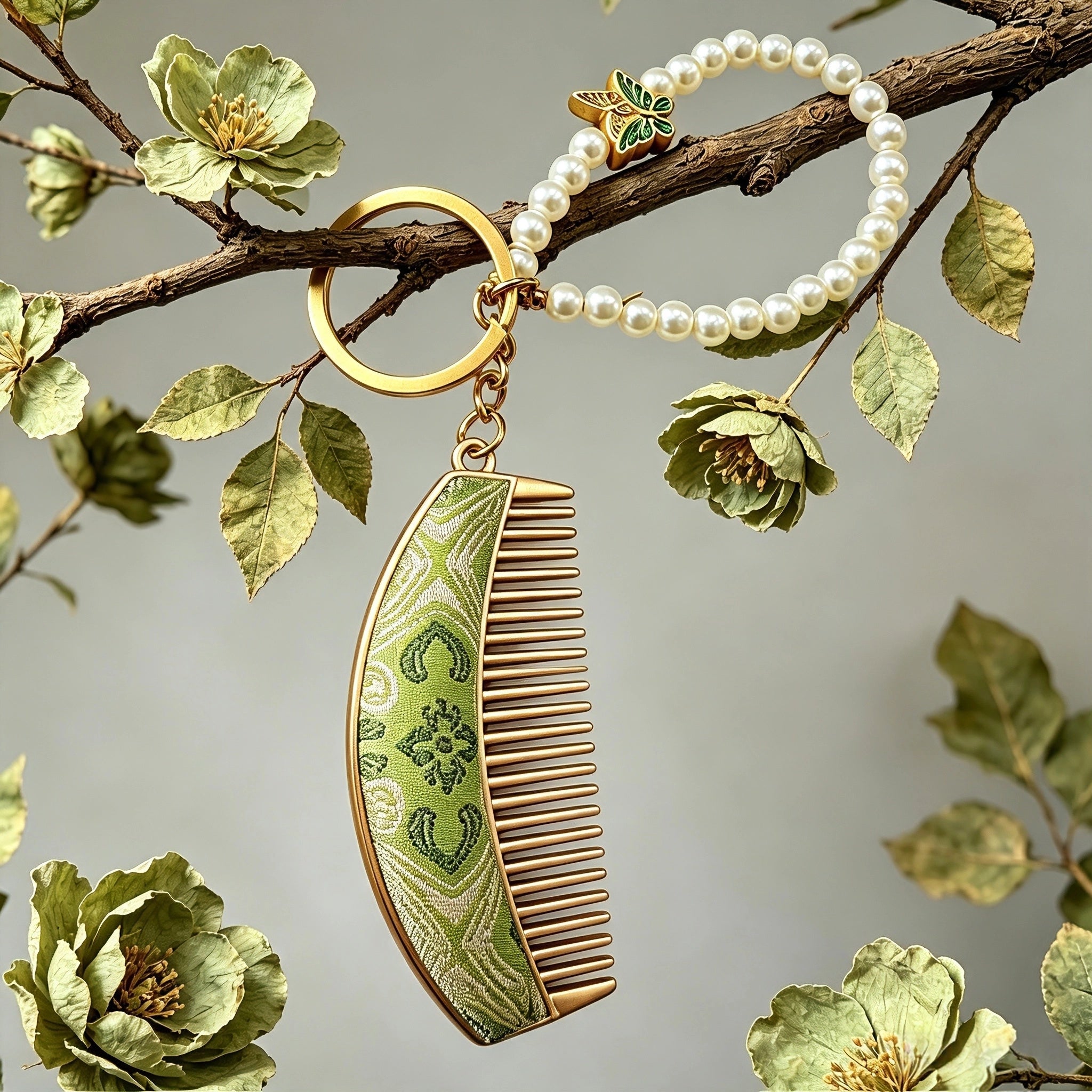 These mini comb keychains are crafted with elegant Chinese Song brocade fabric, showcasing classic traditional patterns in soft green, blush pink, and vintage cream tones. Each delicate hair comb pendant is matched with a glossy pearl lanyard and golden hardware, blending ancient oriental aesthetics with portable daily accessory design. A charming small heritage-style ornament perfect for bags, keys and gifting.